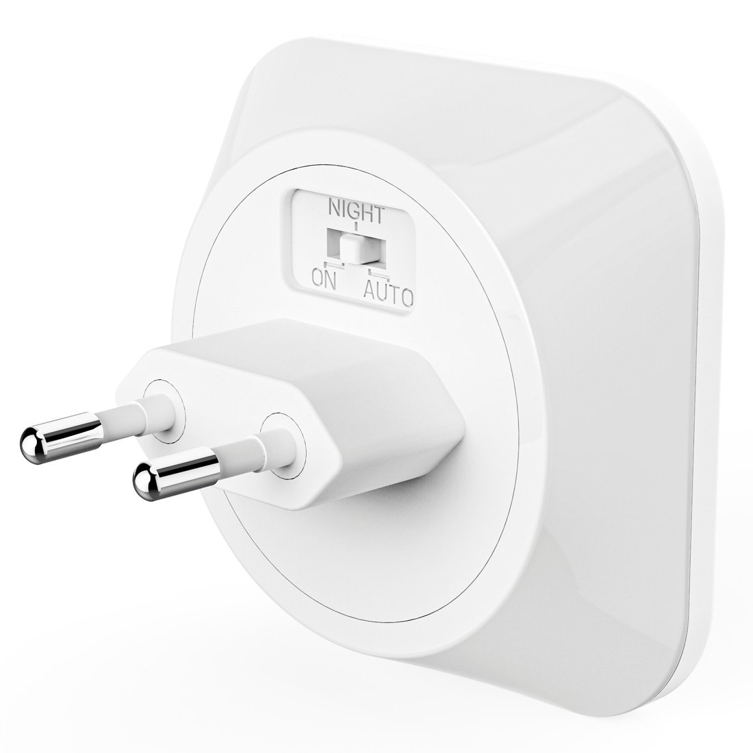 Biały adapter lampki nocnej z bolcami i przełącznikiem na ON, AUTO, NOC.
