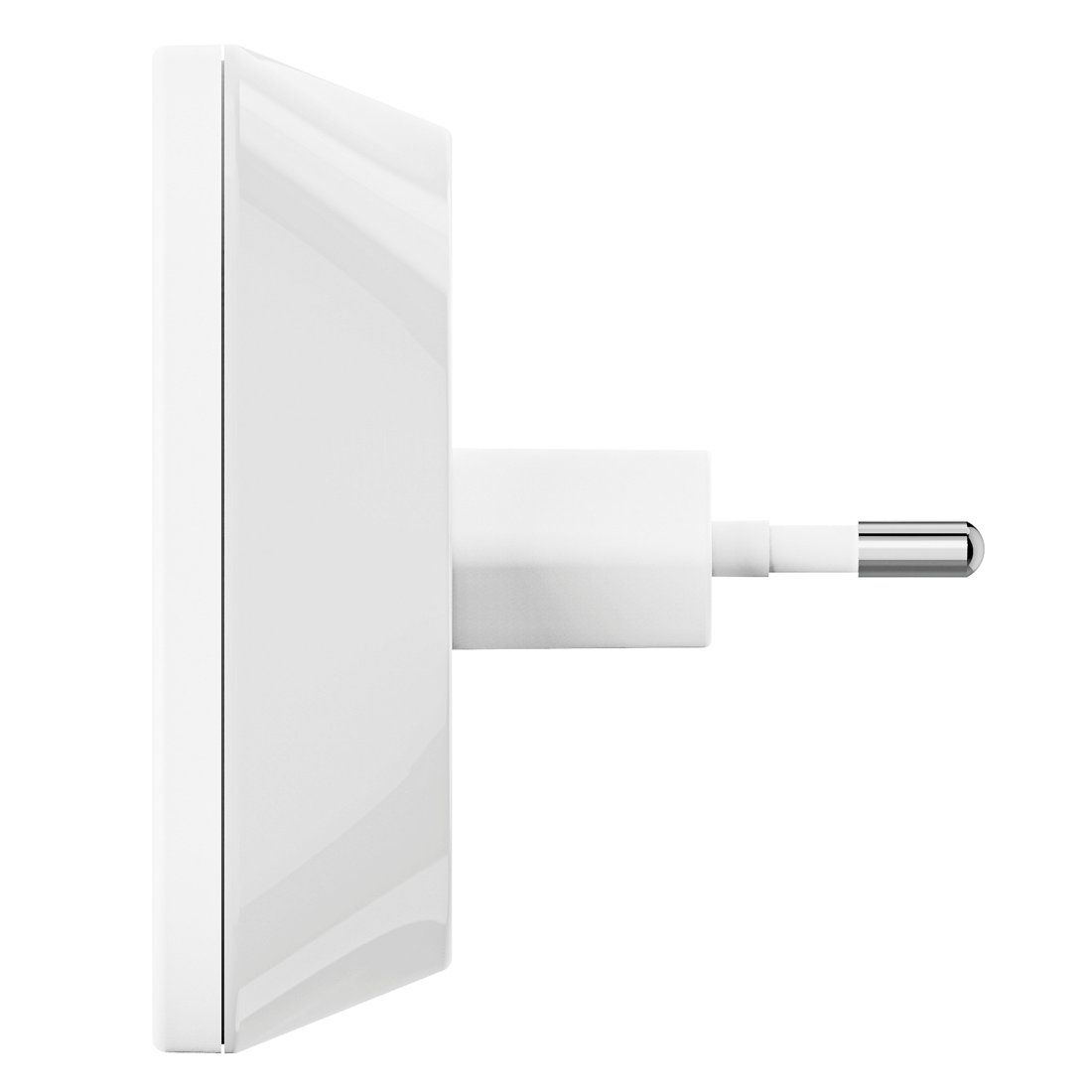 Biała prostokątna ładowarka z dwoma metalowymi bolcami wystającymi po prawej stronie.
