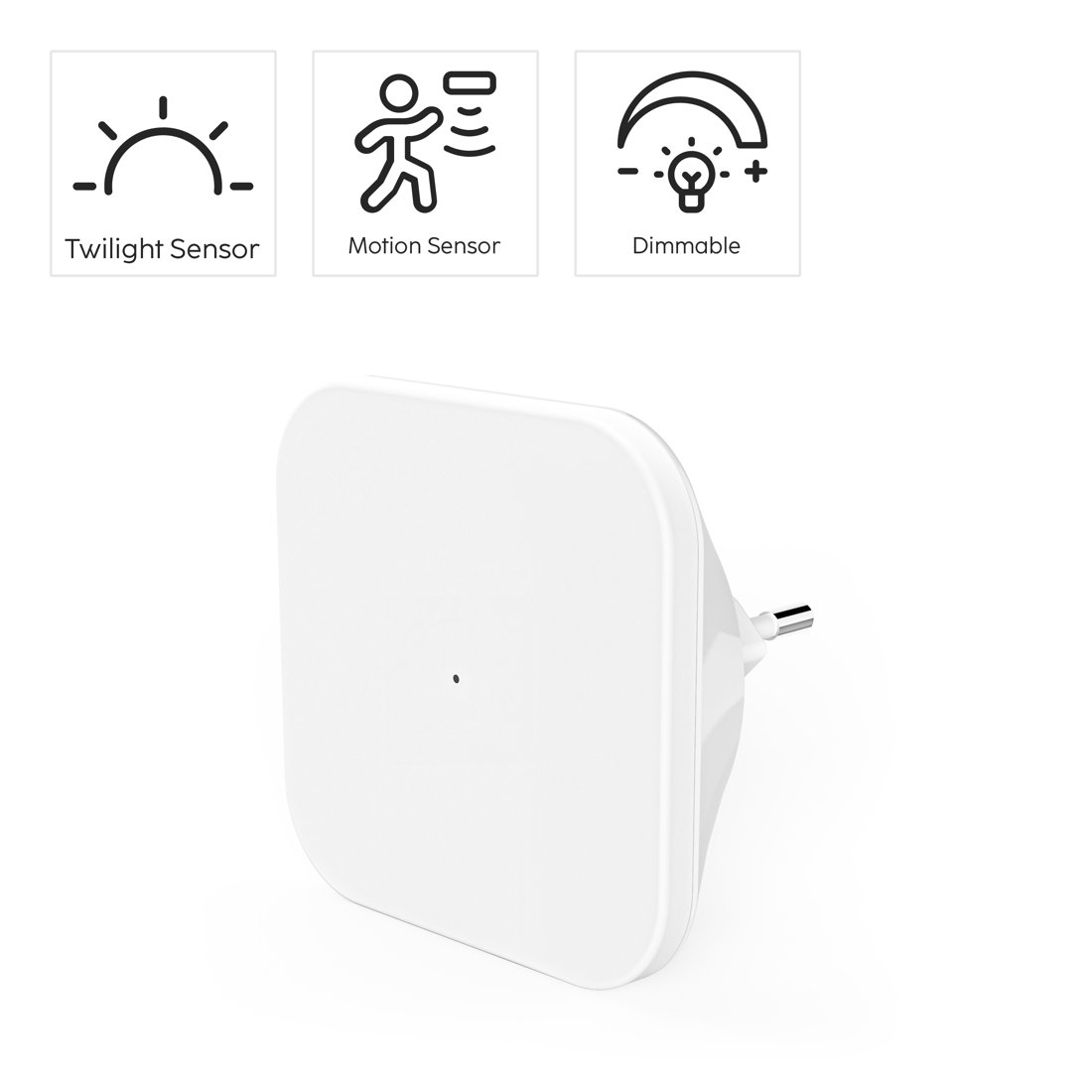 Biała wtyczka z ikonami czujnika zmierzchu, ruchu i ściemniania na górze.