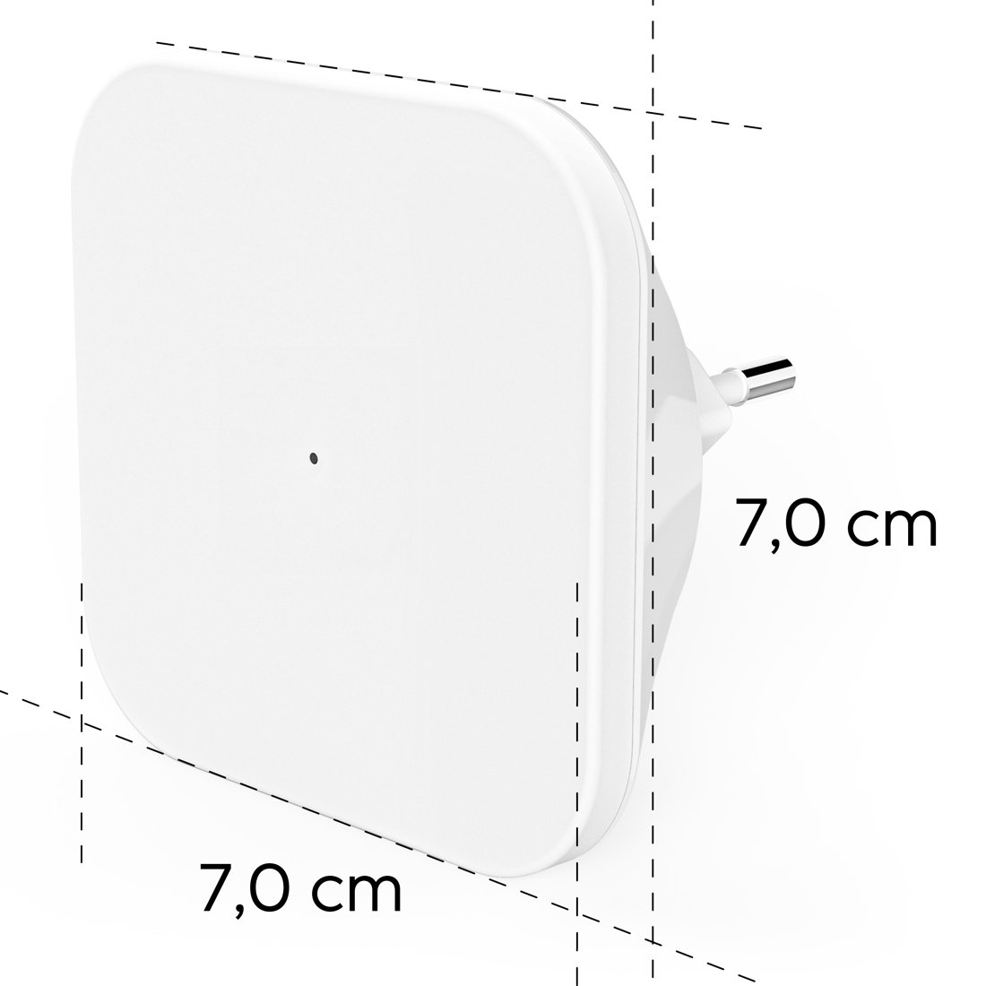 Białe, kwadratowe urządzenie z zaokrąglonymi rogami i małą czarną kropką.