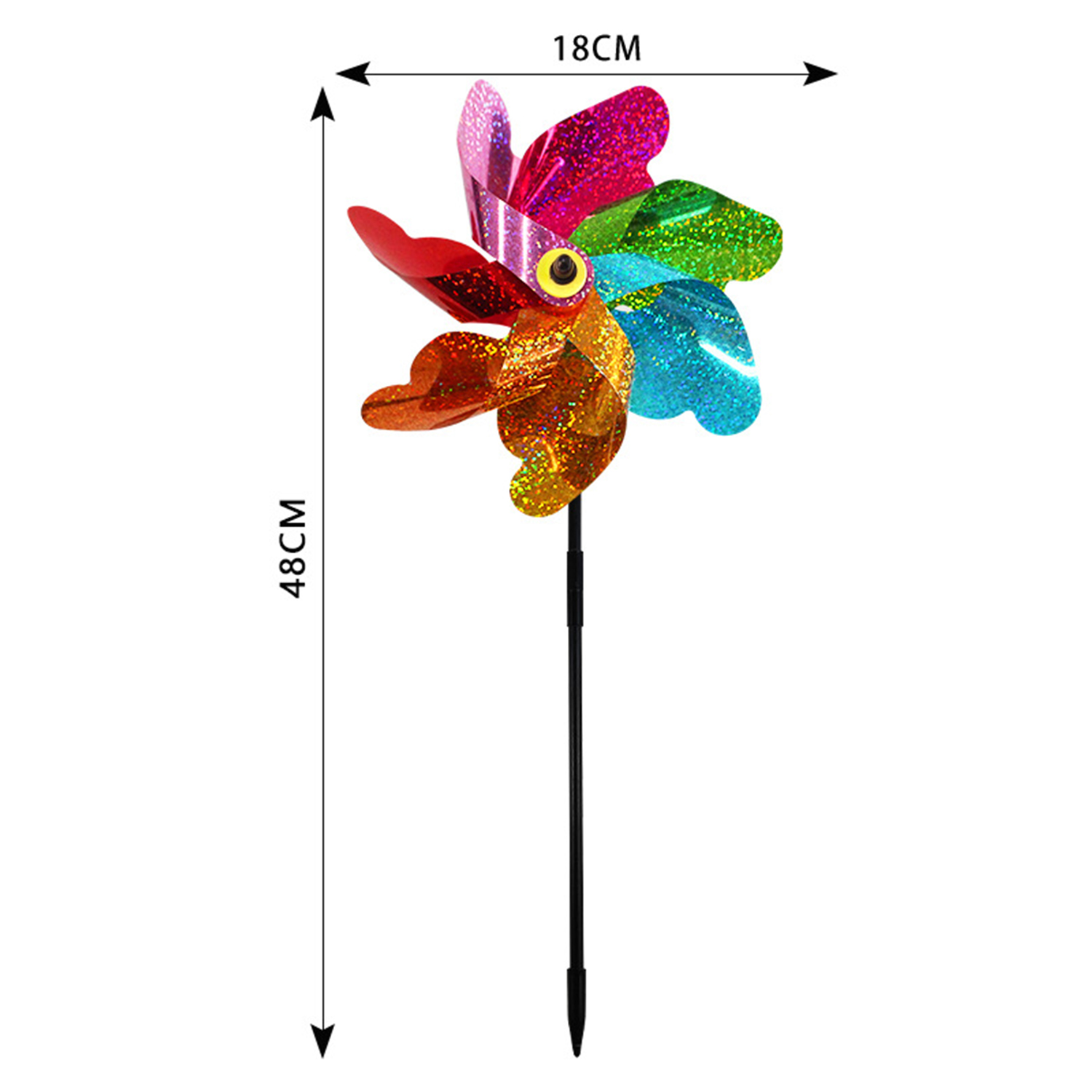 A colorful pinwheel on a black stem, 18cm wide and 48cm long.