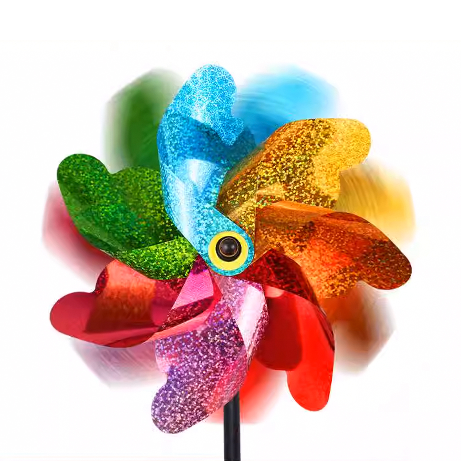A colorful glitter pinwheel spinning. Colors: blue, green, yellow, red, purple.
