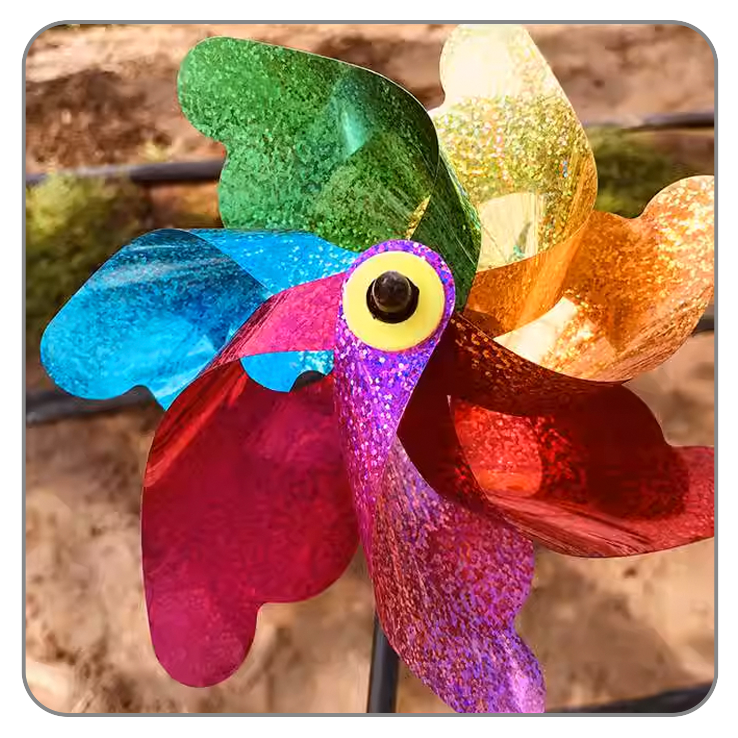A colorful, glittery pinwheel close-up with purple, red, orange, gold, green, blue.