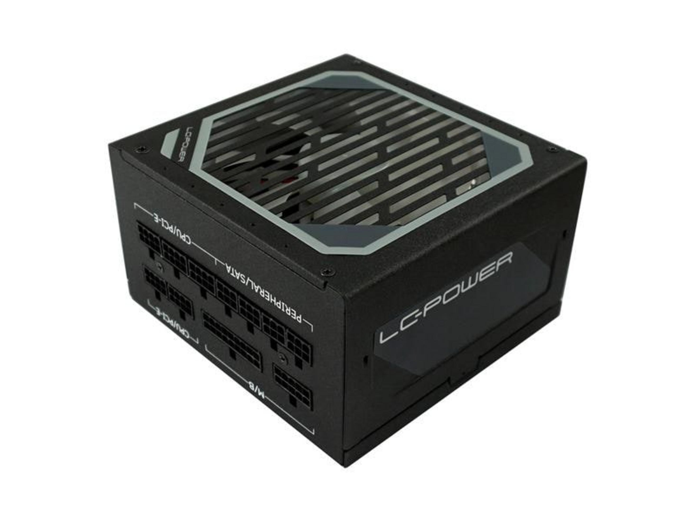 Zwarte voeding met ventilatorrooster en connectoren.