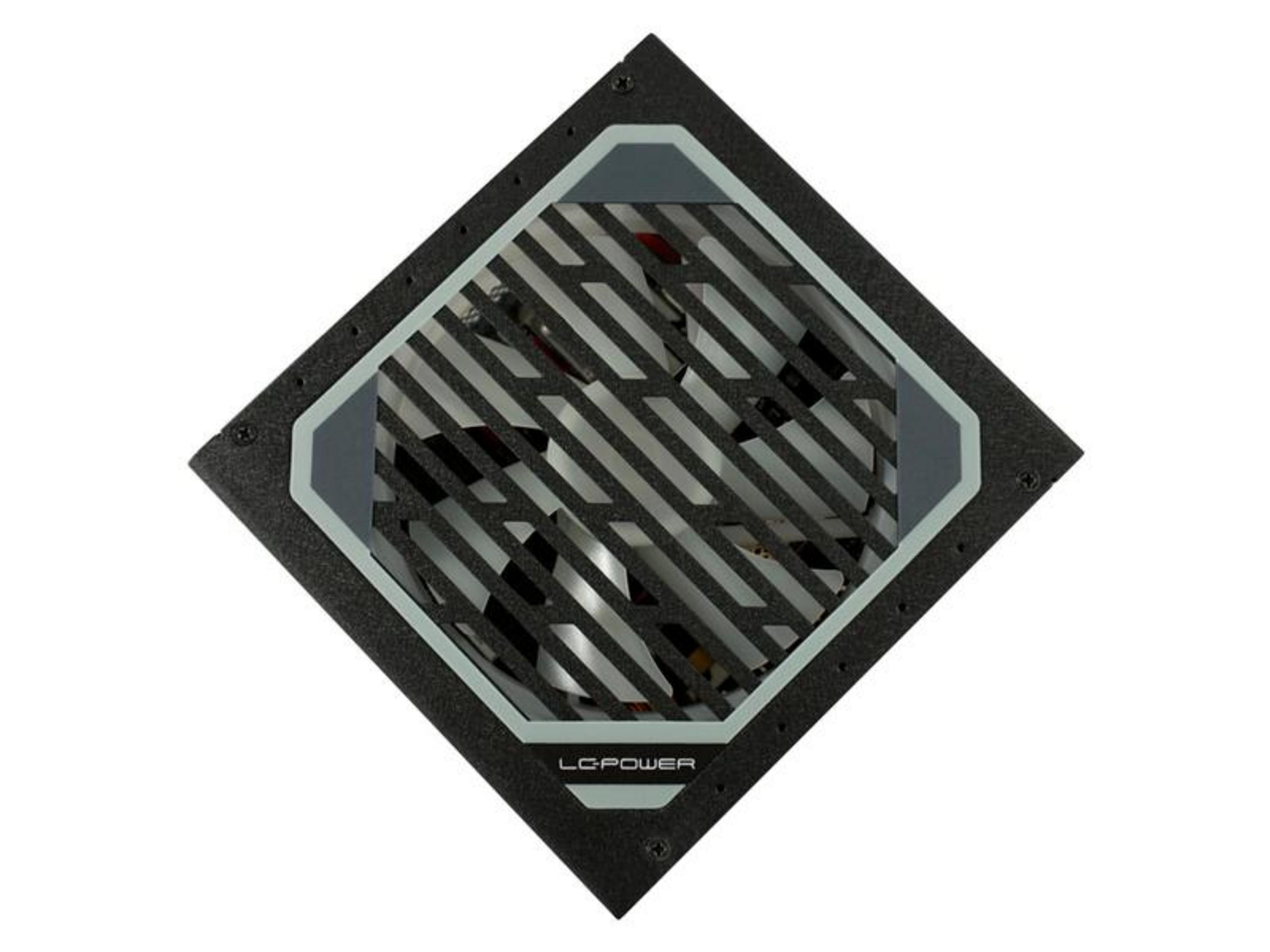 Zwarte ventilator met zilveren lamellen en grijs frame.