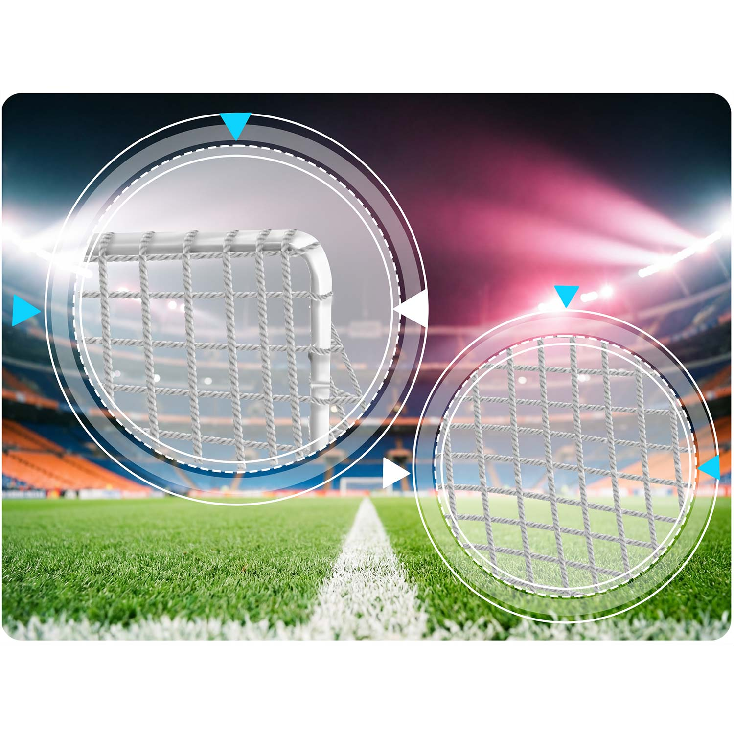 Szczegół siatki bramki piłkarskiej na boisku stadionu z jasnym oświetleniem.