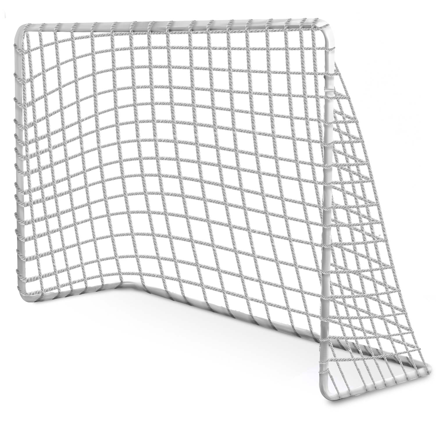 Biała bramka piłkarska z siatką, na białym tle.