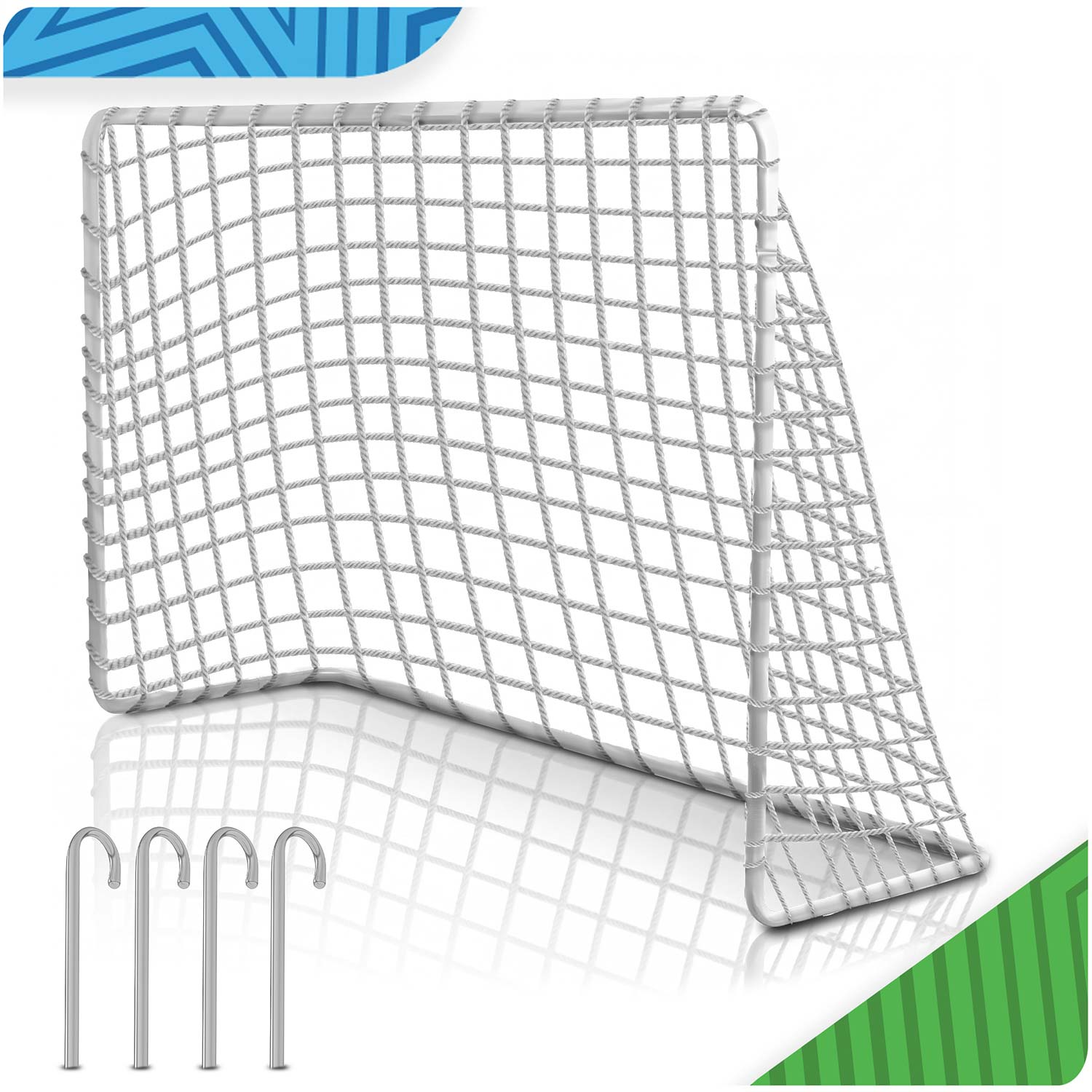 Biała bramka piłkarska z siatką i czterema hakami.