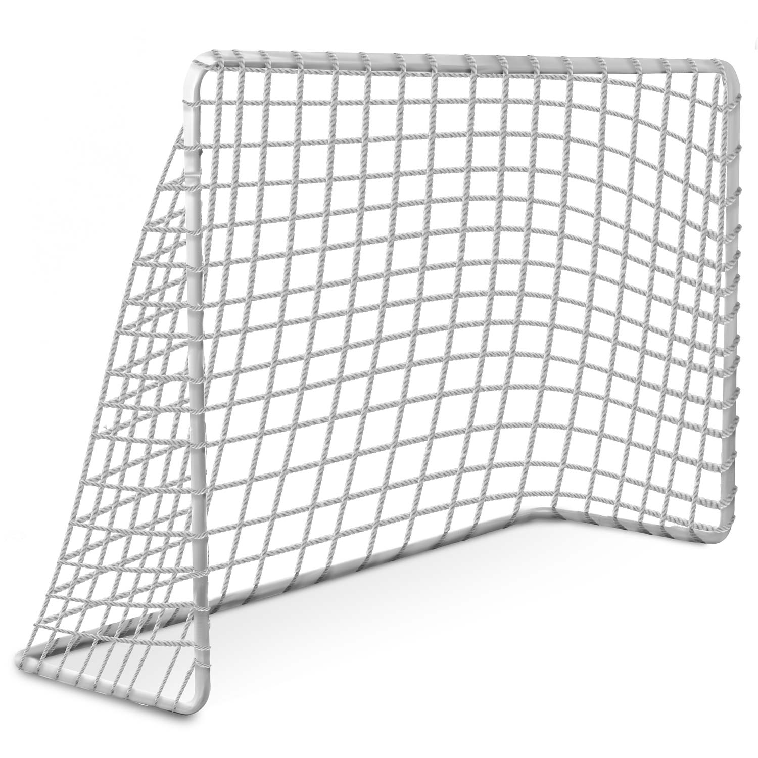 Biała bramka piłkarska z siatką, na białym tle.