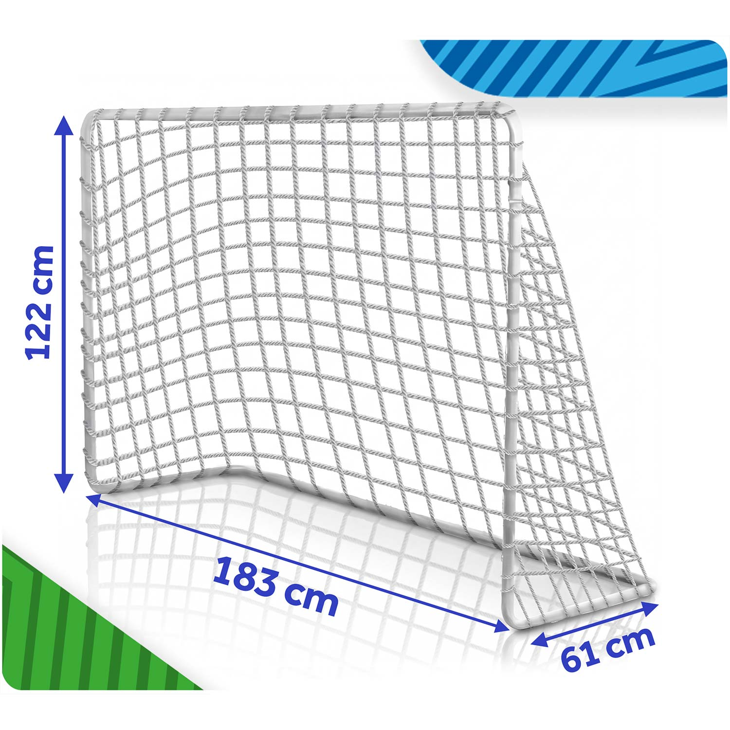 Biała bramka piłkarska z siatką. Wymiary: 183x122x61 cm.