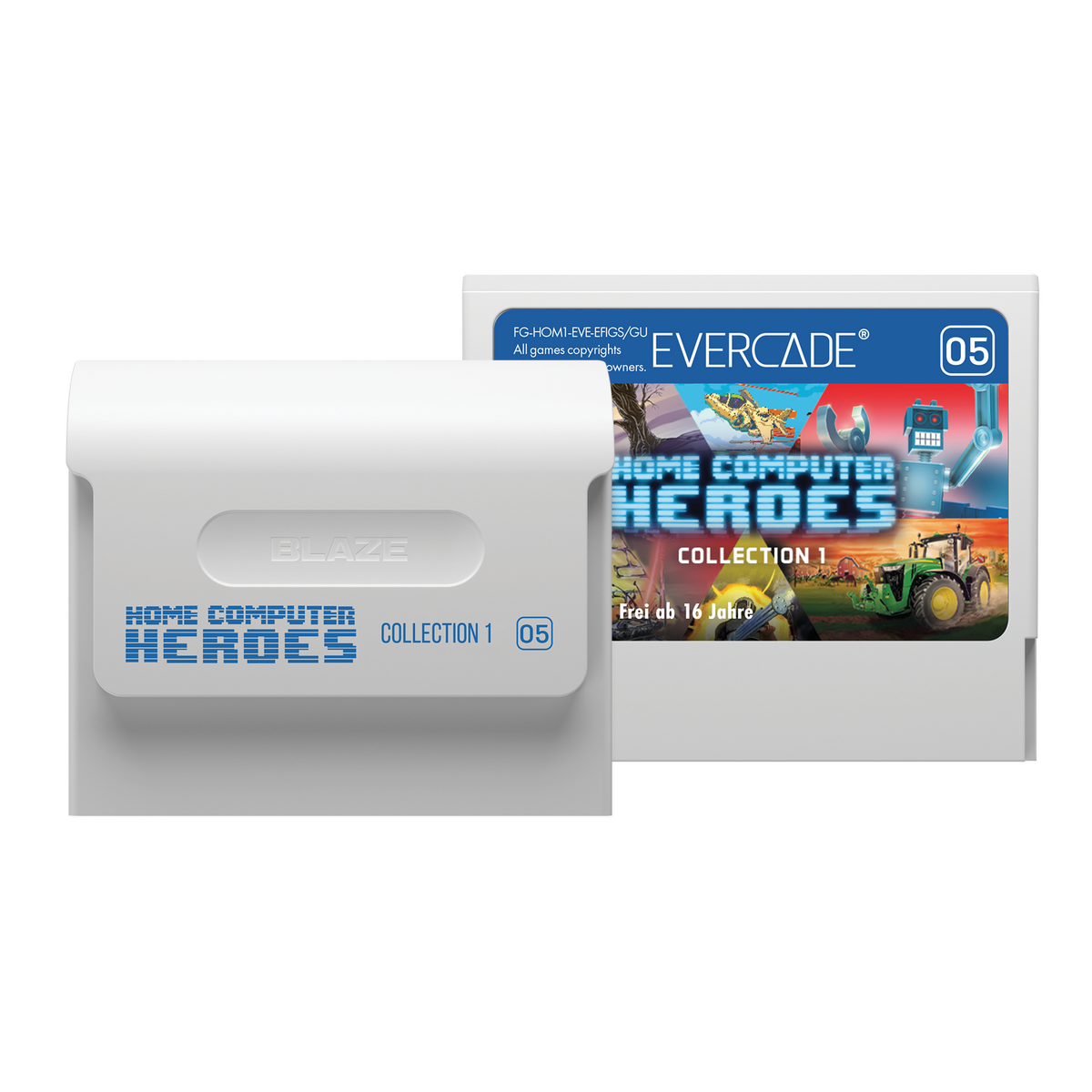 Dwa kartridże do gier: Jeden pokazuje "HOME COMPUTER HEROES COLLECTION 1".