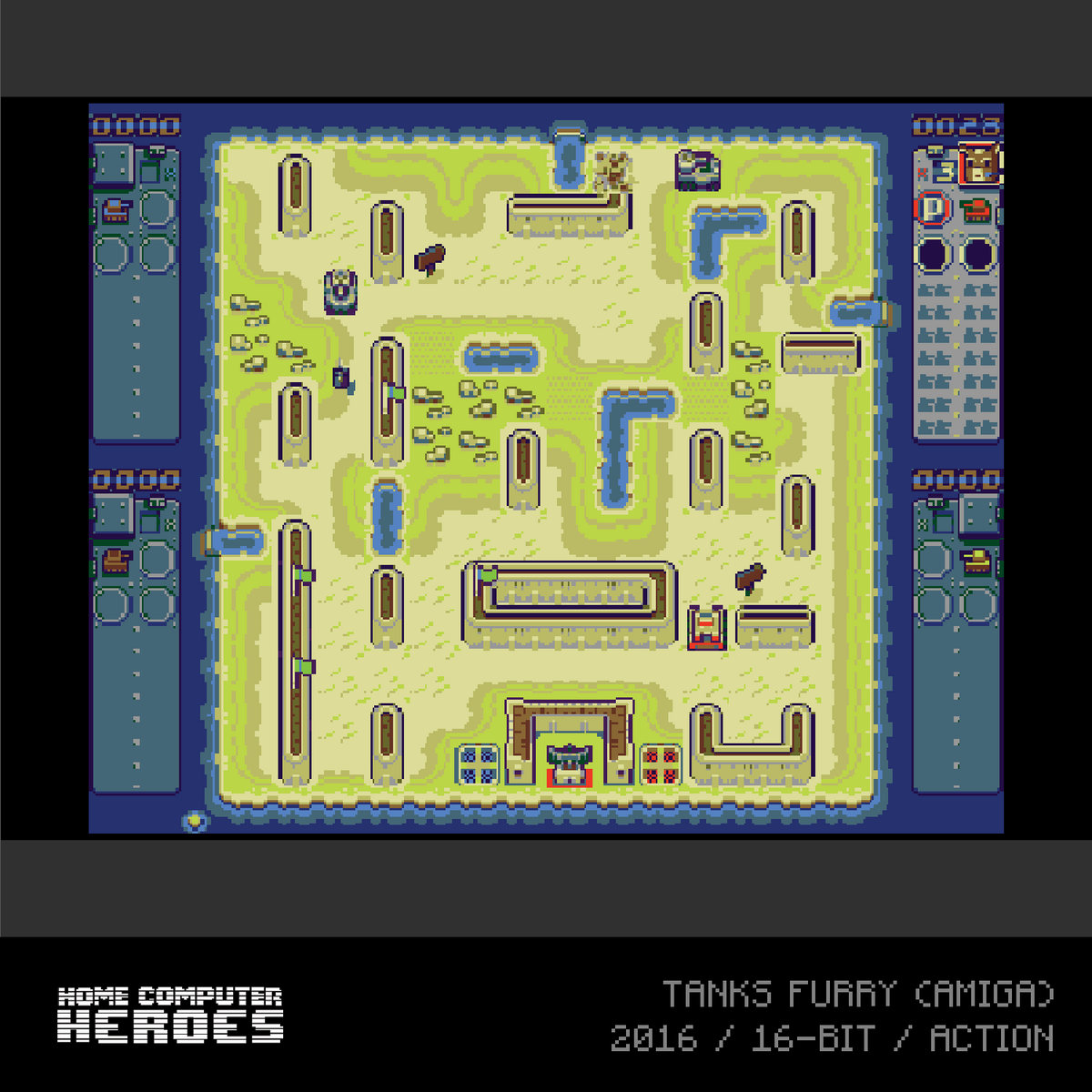 Ekran gry pixel art przedstawiający mapę czołgów z wodą i przeszkodami.