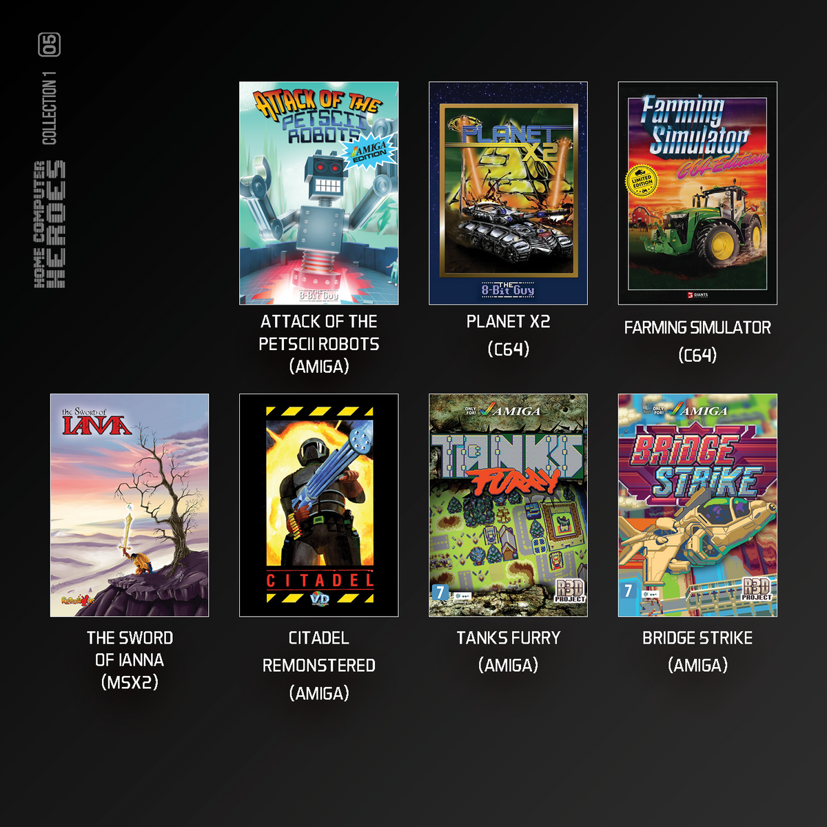 Okładki gier: Attack of the Petsii Robots, Planet X2, Farming Simulator, Sword of Ianna, Citadel, Tanks Furry, Bridge Strike.