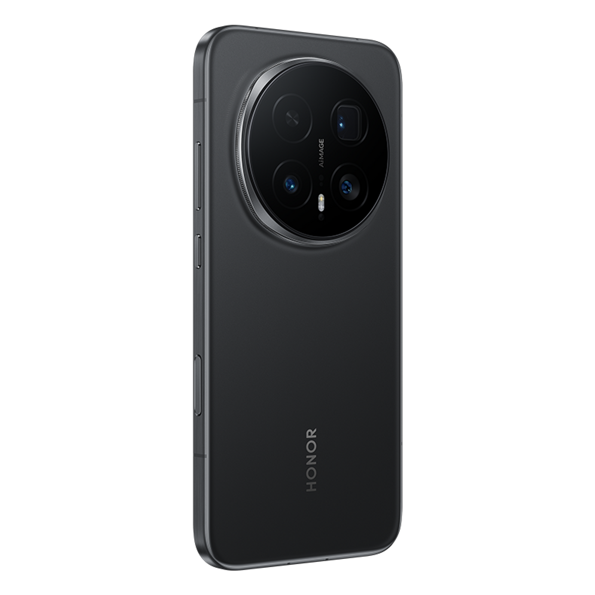 Ciemny smartfon Honor z okrągłą jednostką kamery, czterema obiektywami, srebrną ramką.