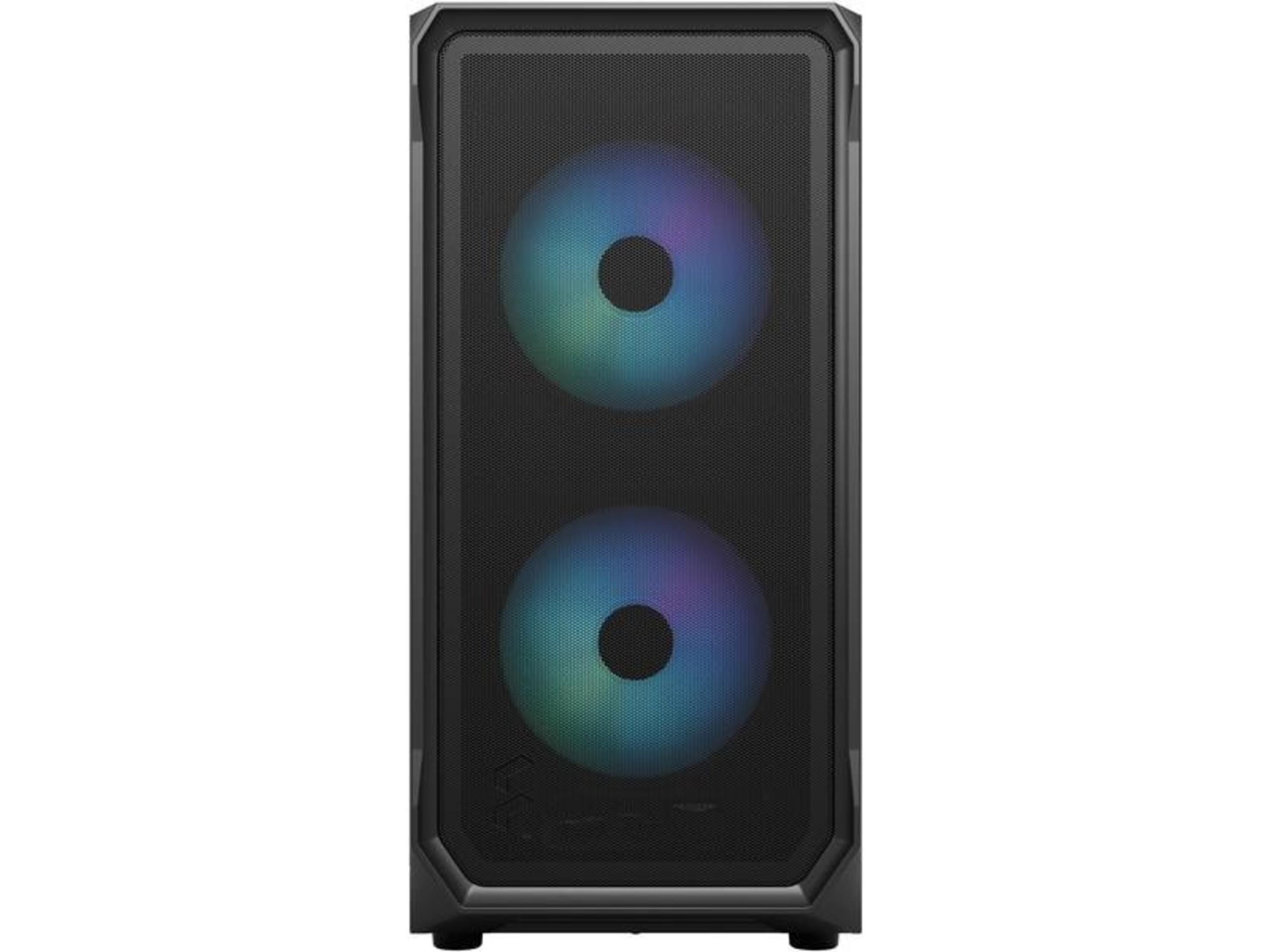 Schwarzes Computergehäuse mit zwei beleuchteten Lüftern vorne.