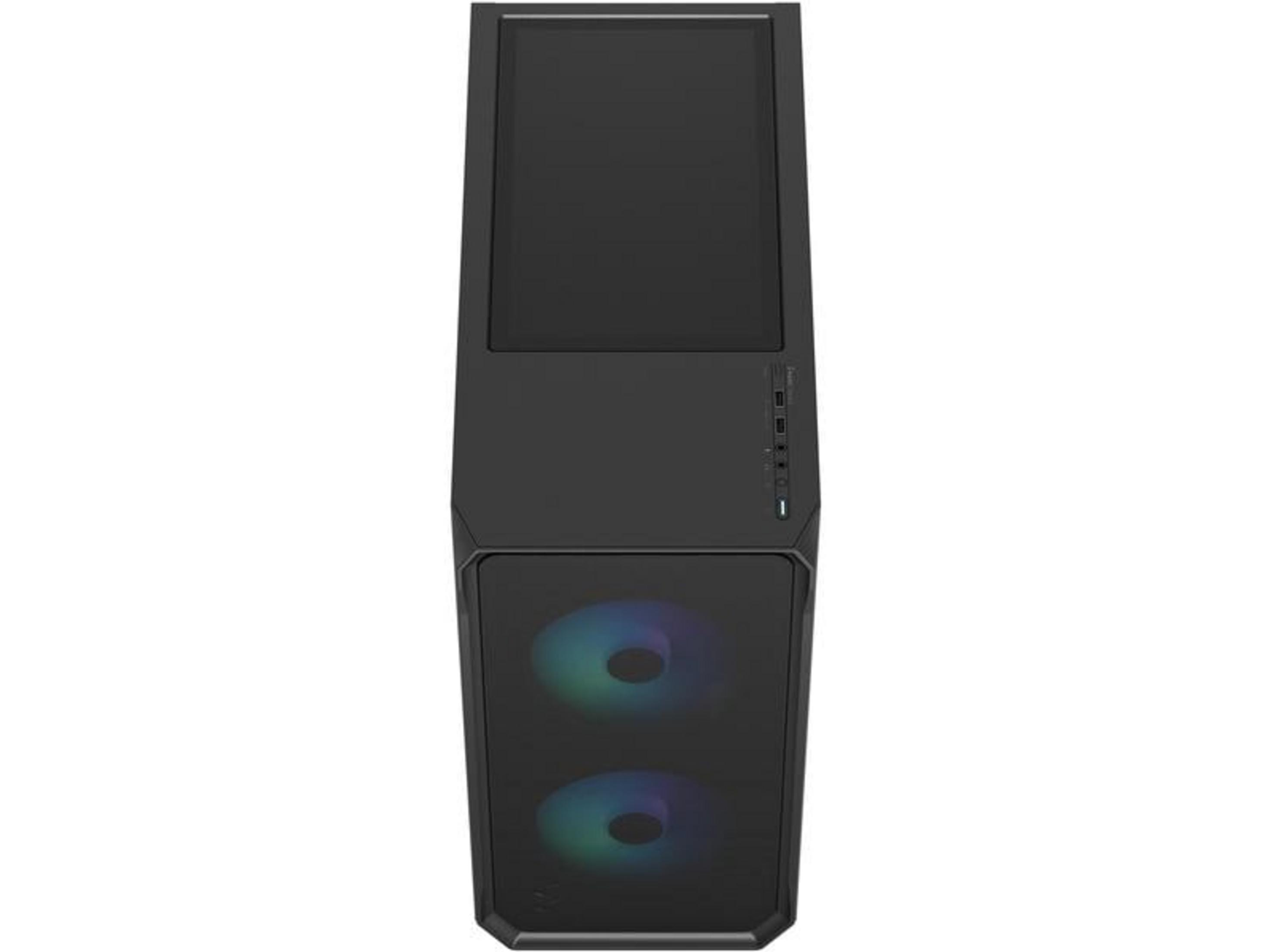 Ein schwarzer Computergehäuse-Turm mit beleuchteten Lüftern.