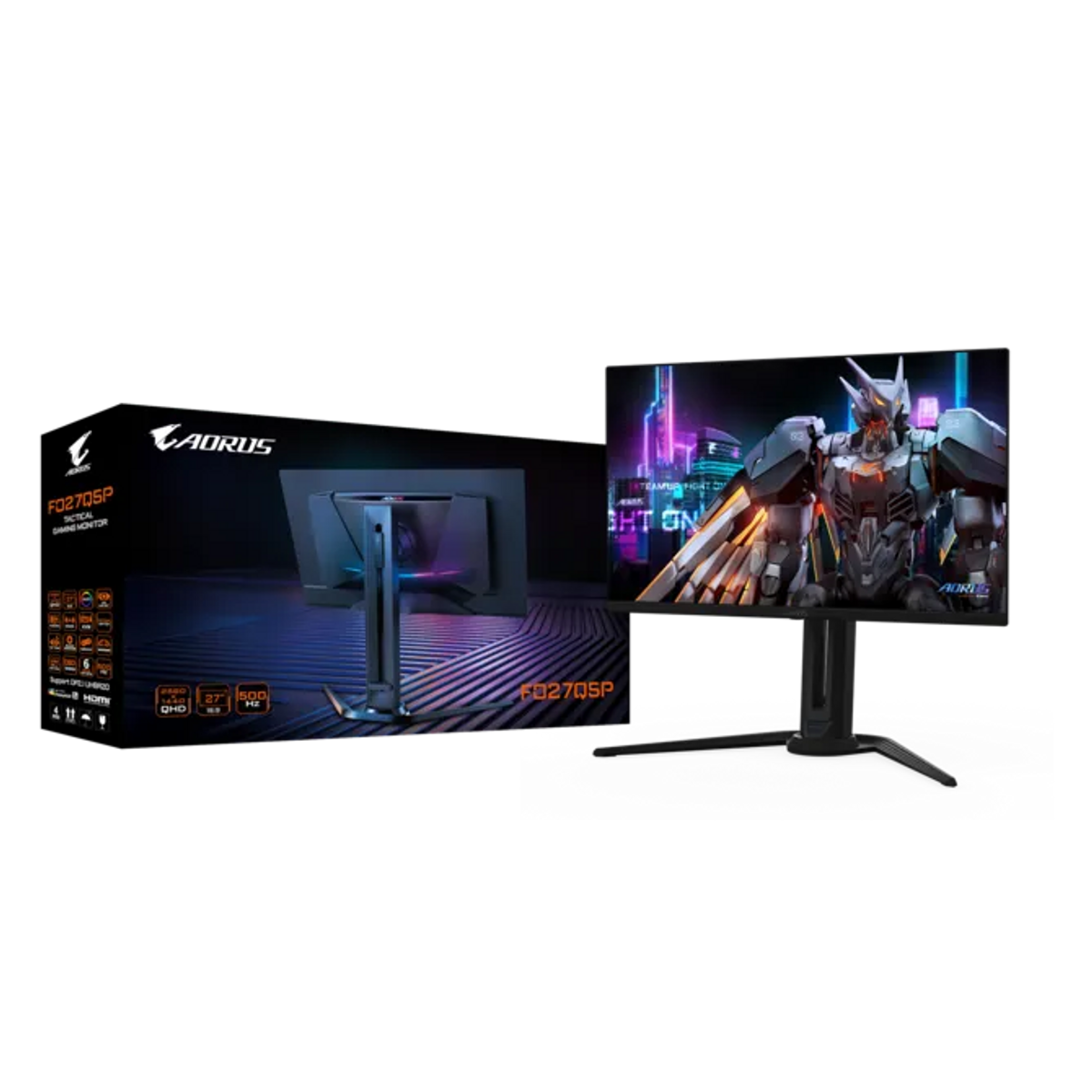 Monitor gamingowy Aorus z robotem w tle ekranu.