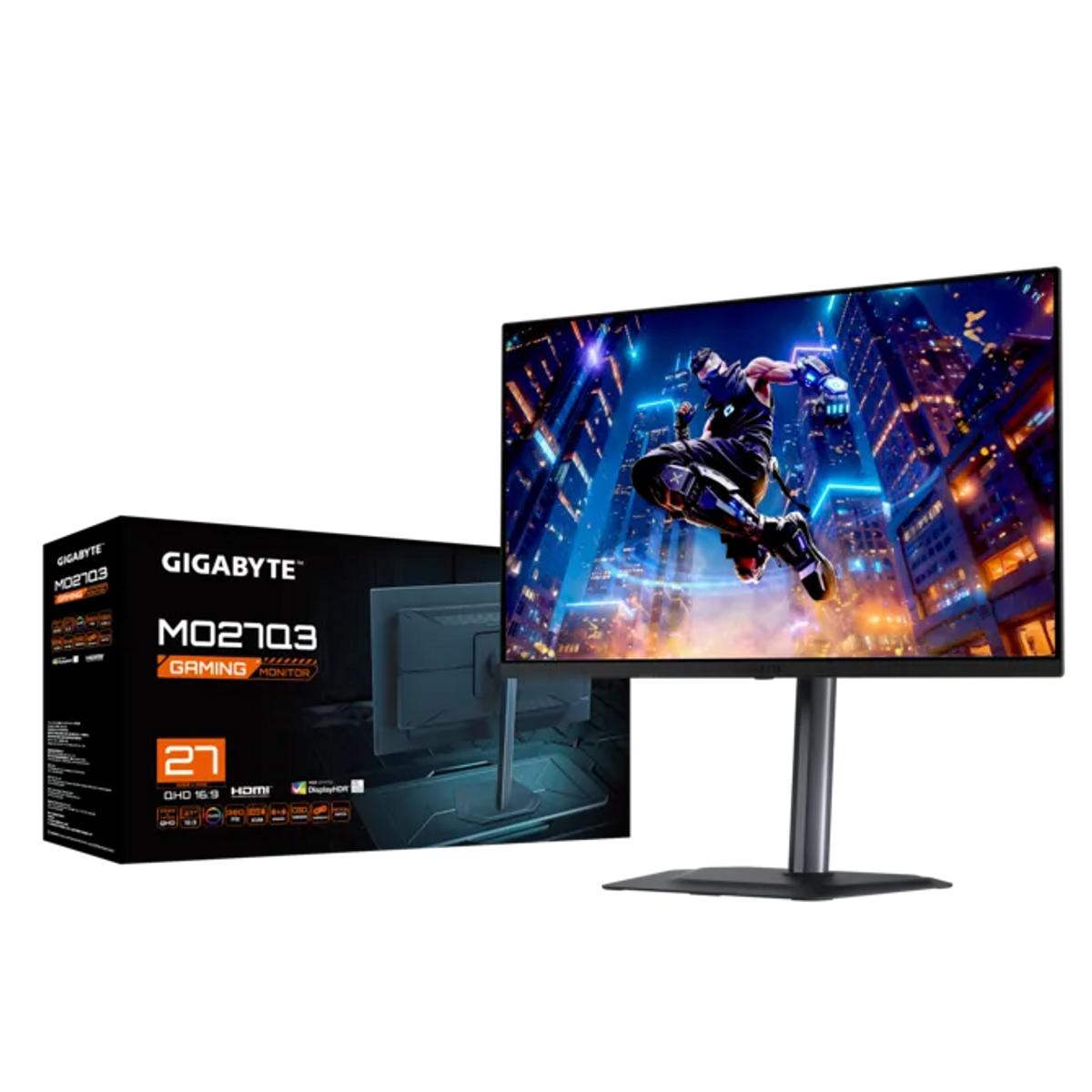 Monitor do gier wyświetlający postać unoszącą się nad oświetlonym neonami miastem.