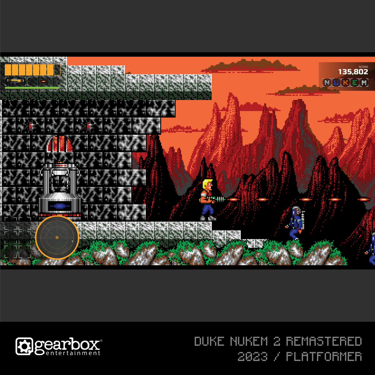 Duke Nukem dispara a enemigos en un paisaje alienígena pixelado con montañas rojas.