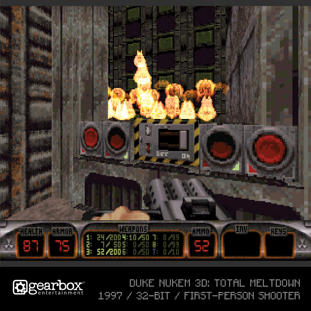 Pantalla de juego de disparos en primera persona con fuego, armas y elementos HUD.