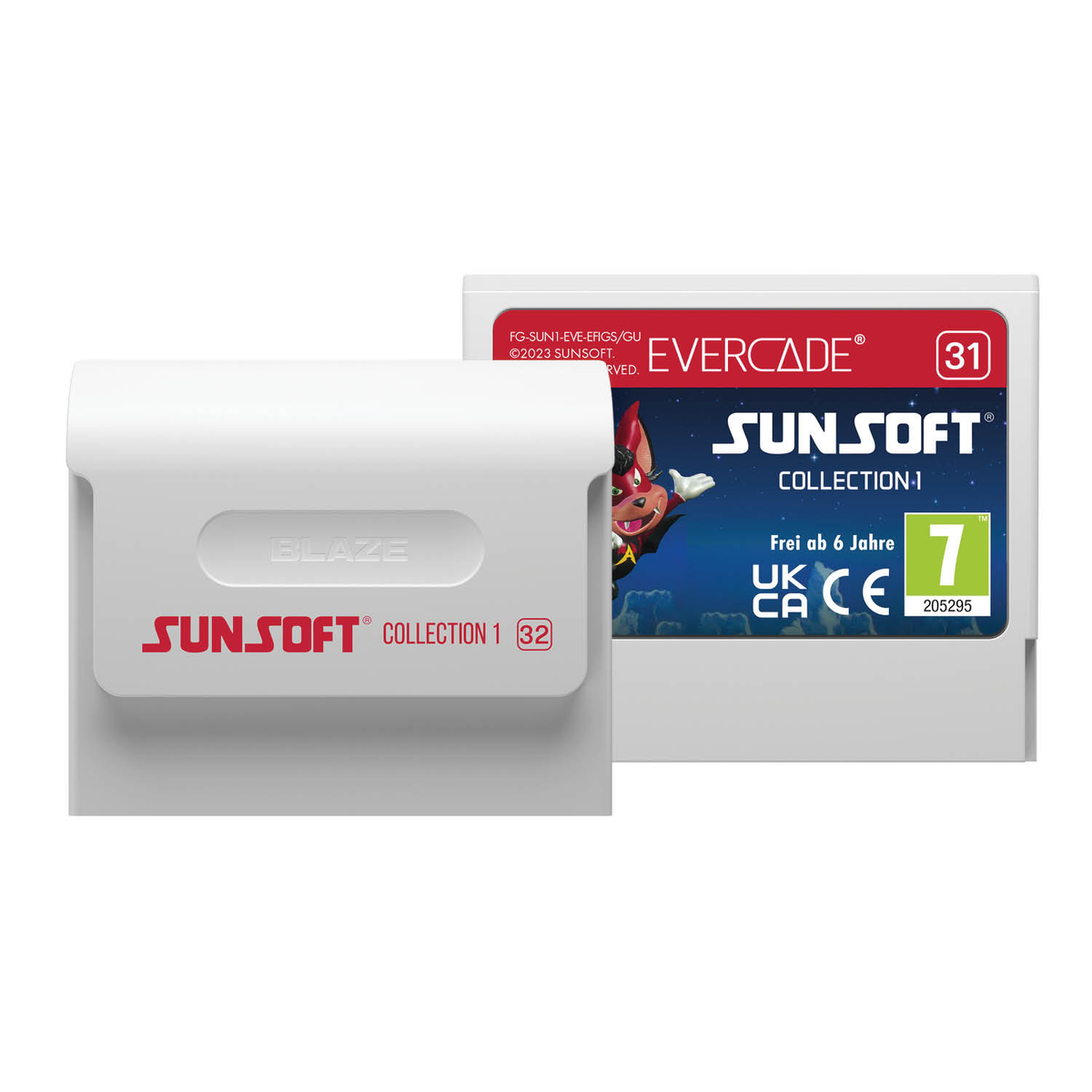 Białe etui i kartridż do gry Evercade Sunsoft Collection 1.