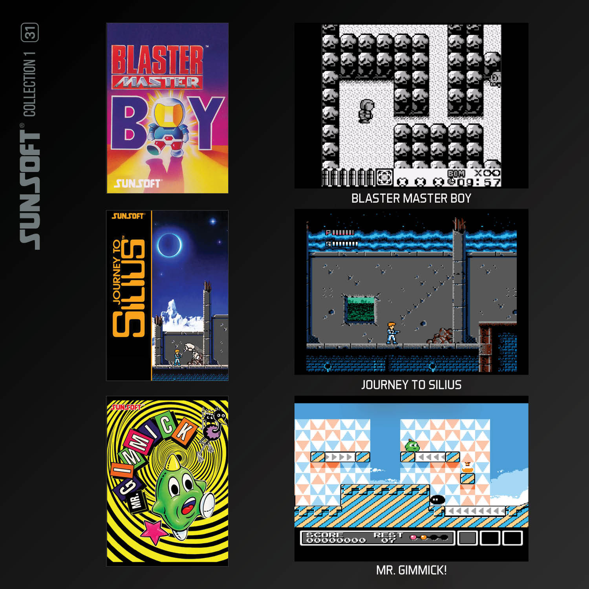 Okładki gier i zrzuty ekranu z gier Sunsoft.