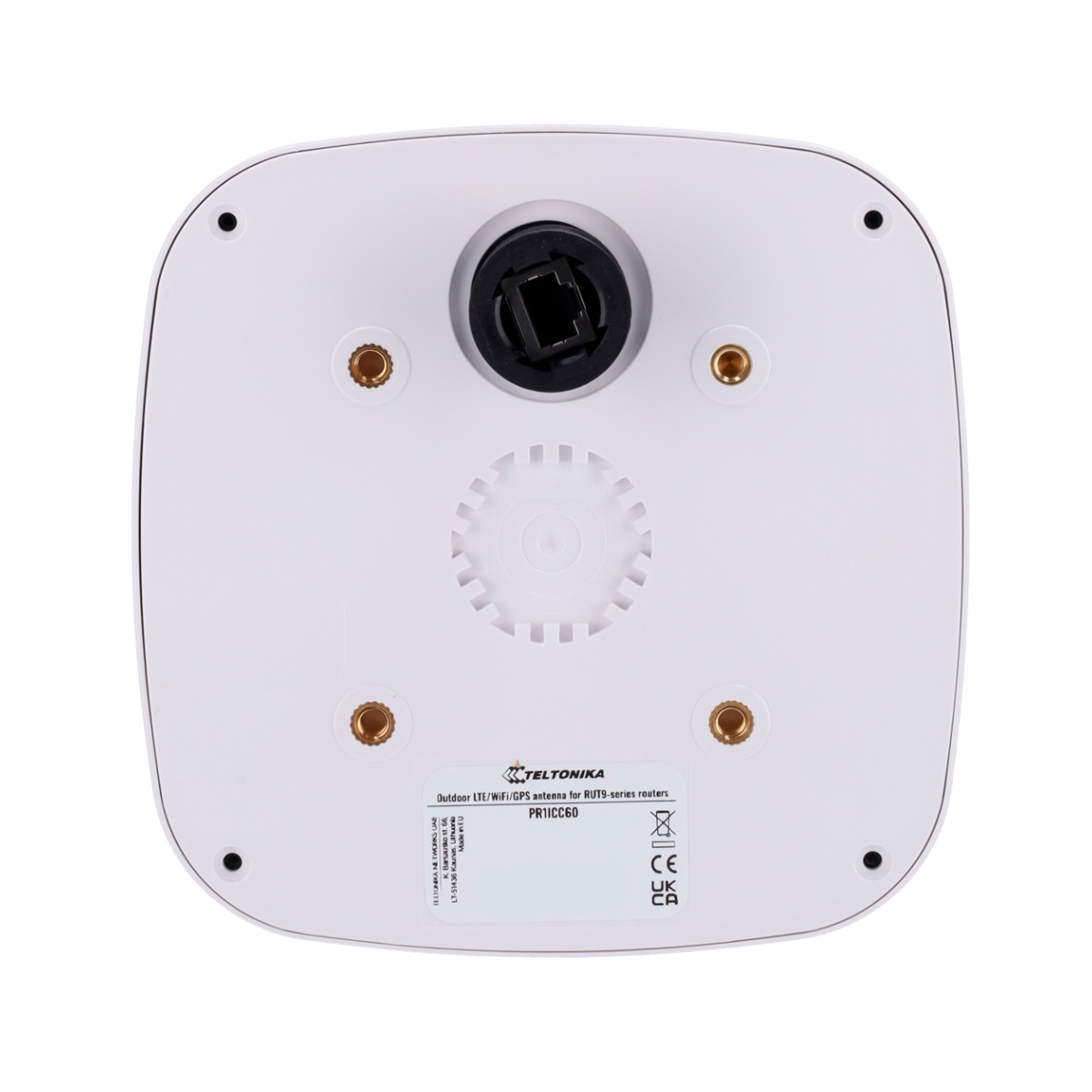 Rückseite einer weißen Teltonika LTE/WiFi/GPS-Antenne mit Anschlüssen.