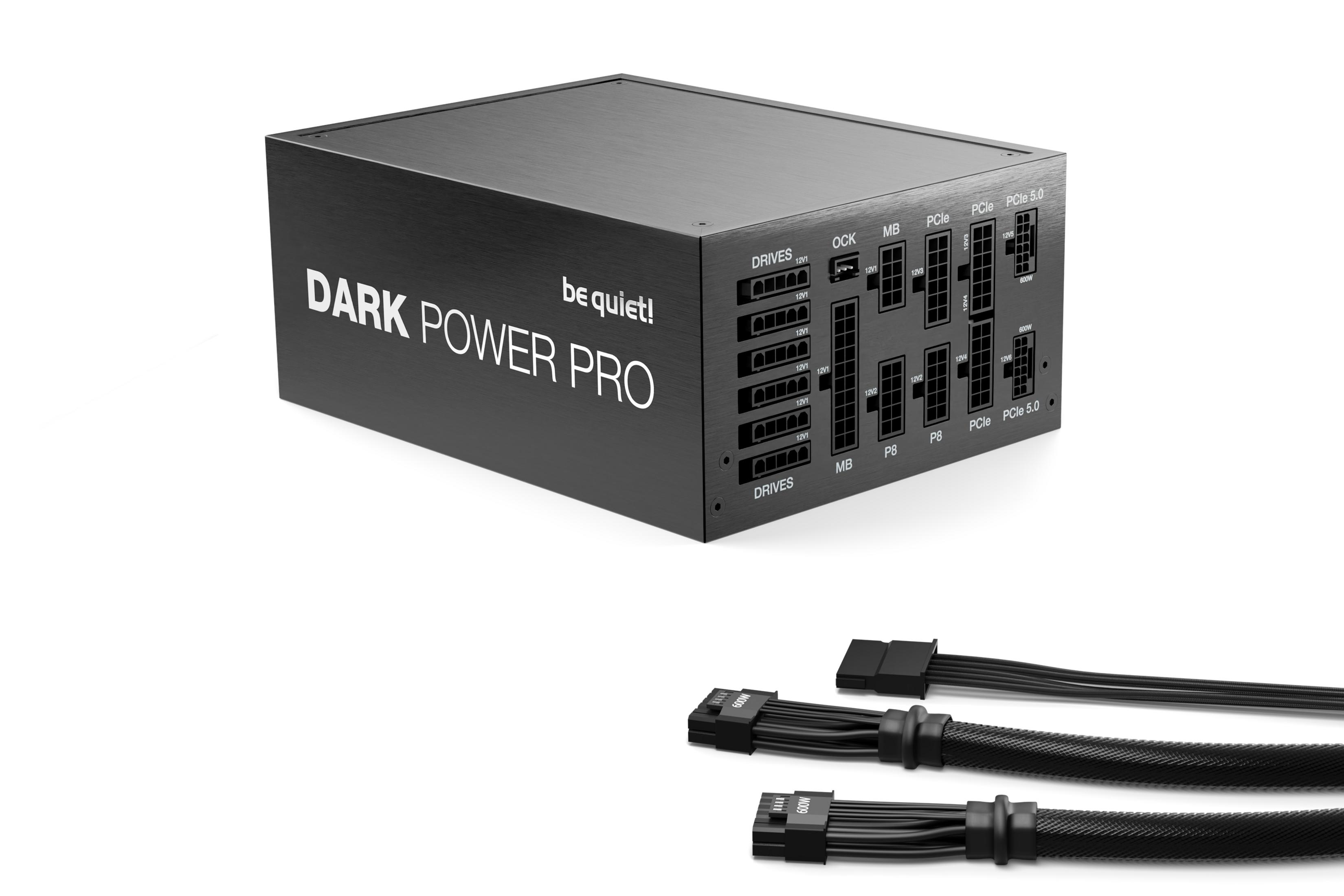 Czarny zasilacz z kablami. Oznaczony 'DARK POWER PRO' i 'be quiet!'.