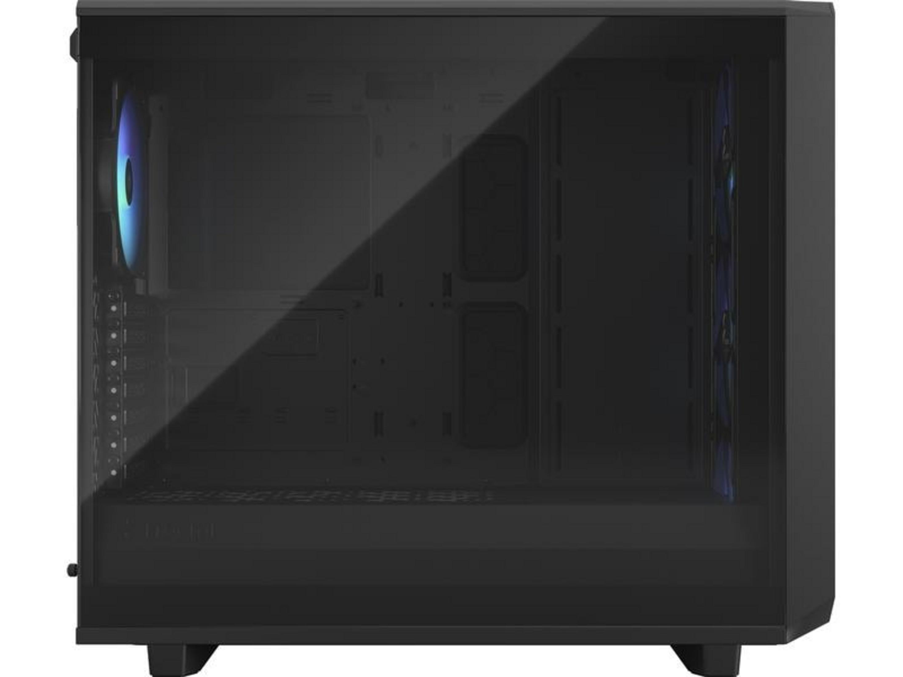 Schwarzes Computergehäuse mit Glasfenster und beleuchteten Lüftern.