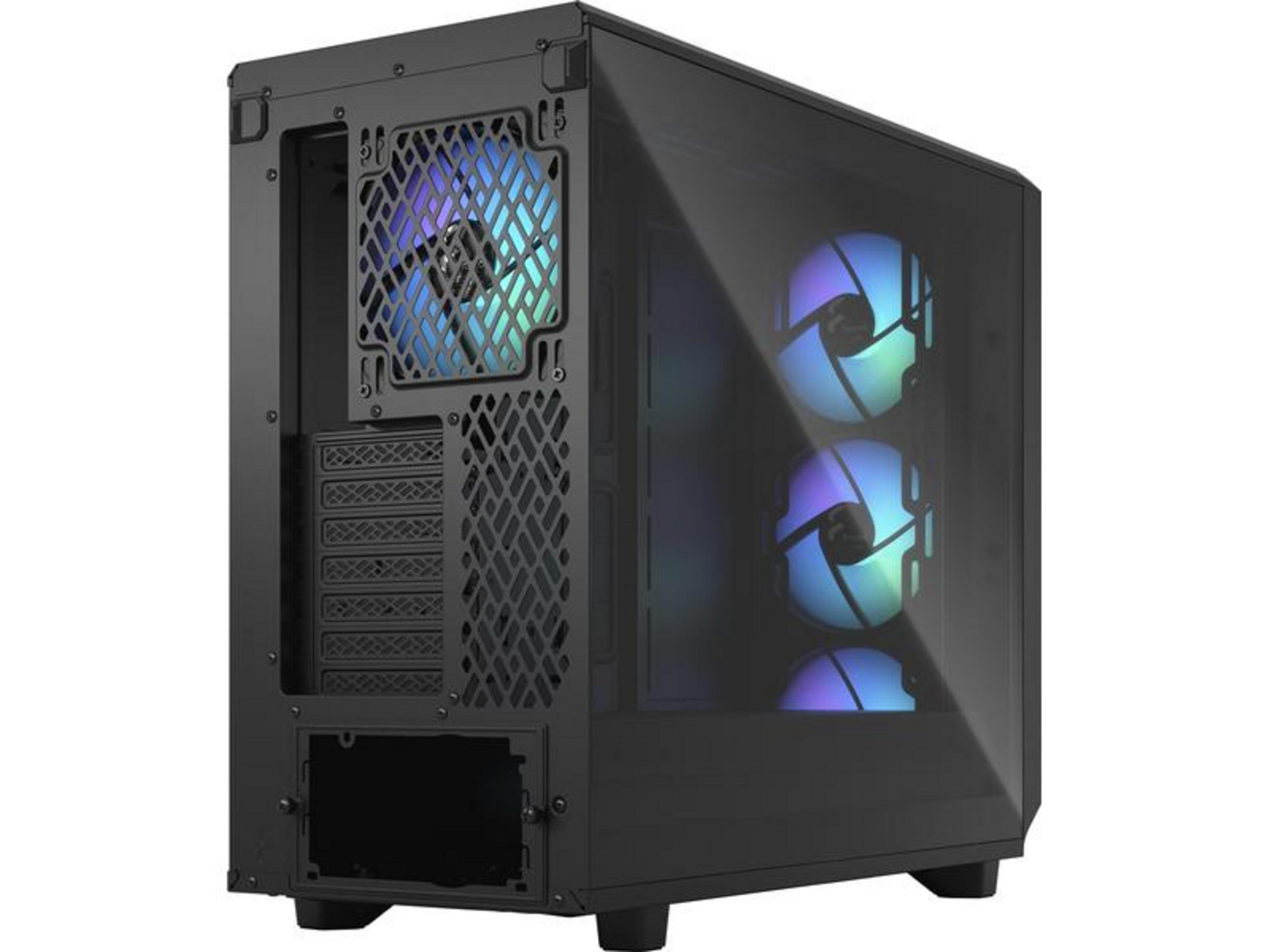 Schwarzes Computergehäuse mit RGB-Lüftern und Glasfenster.