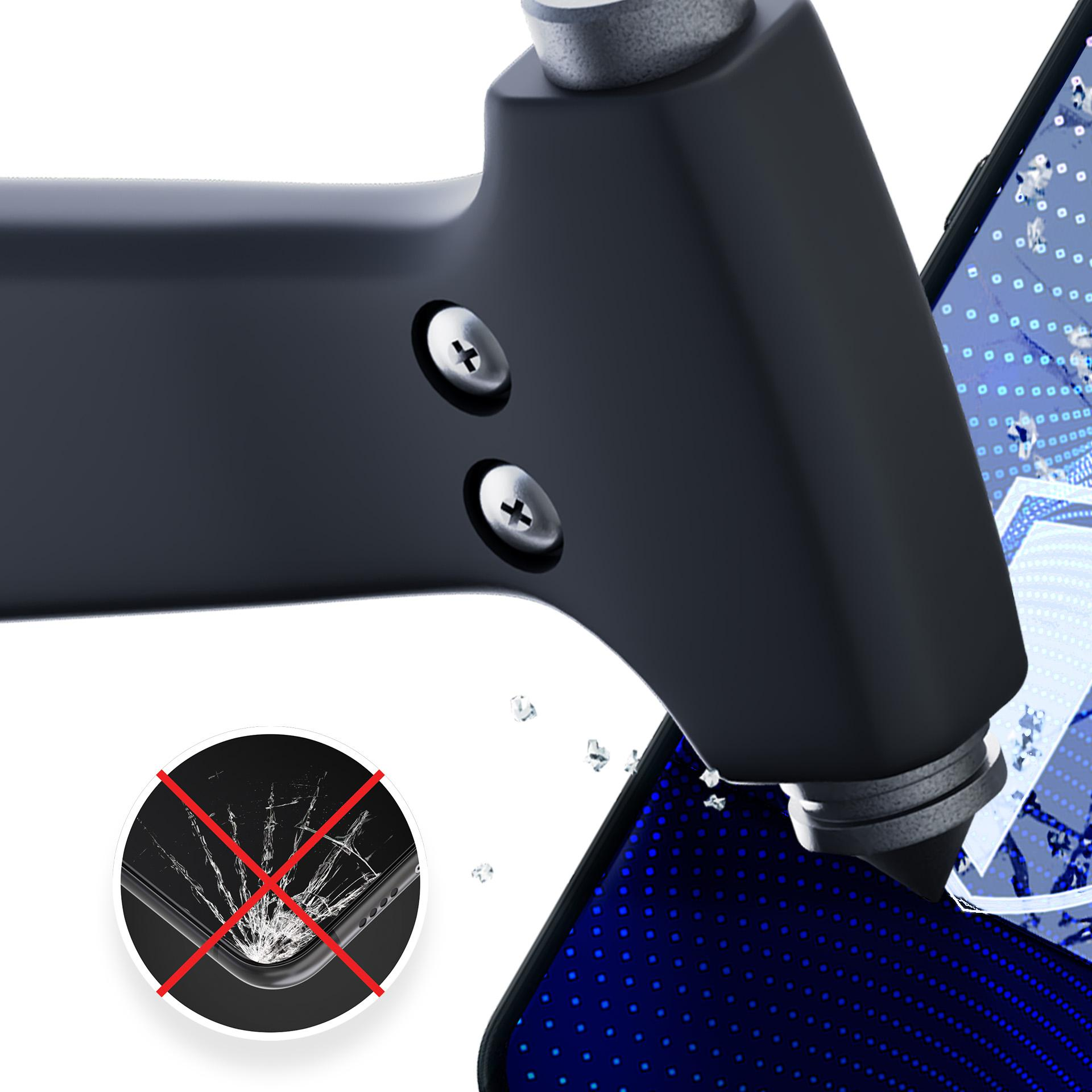 Czarny młotek uderza w zepsuty telefon z czerwonym krzyżem.