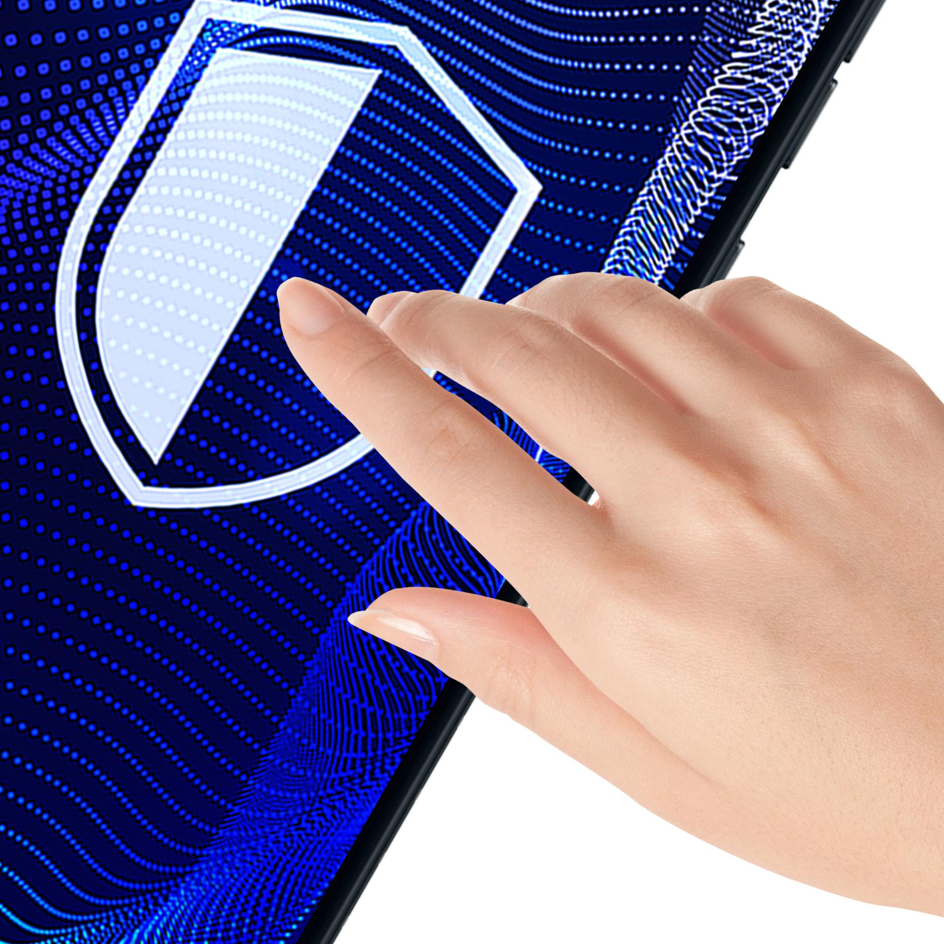 Dłoń dotyka tabletu z niebieską, kropkowaną ikoną tarczy.