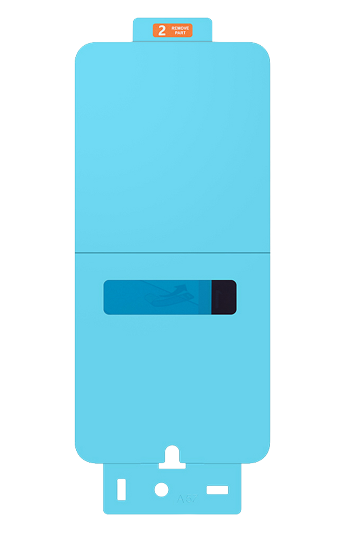 Emballage bleu clair avec étiquette orange '2 REMOVE PART'.