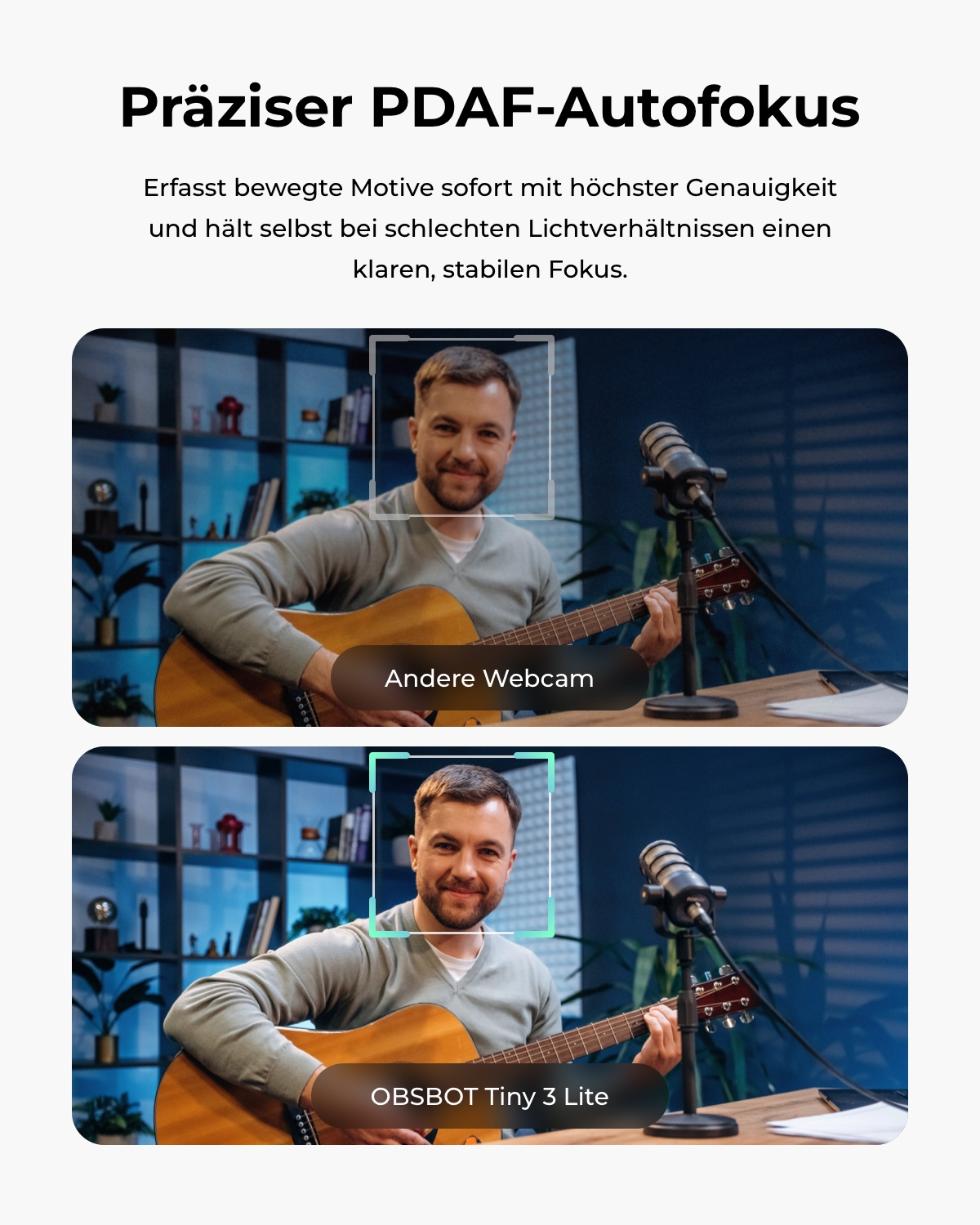Mann spielt Gitarre; oben mit weißem Fokusrahmen, unten mit türkisfarbenem Rahmen.