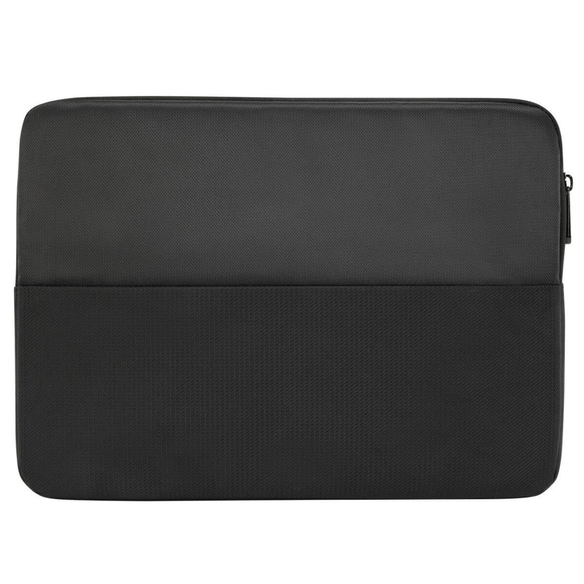 Custodia nera per laptop con cerniera, design bicolore.