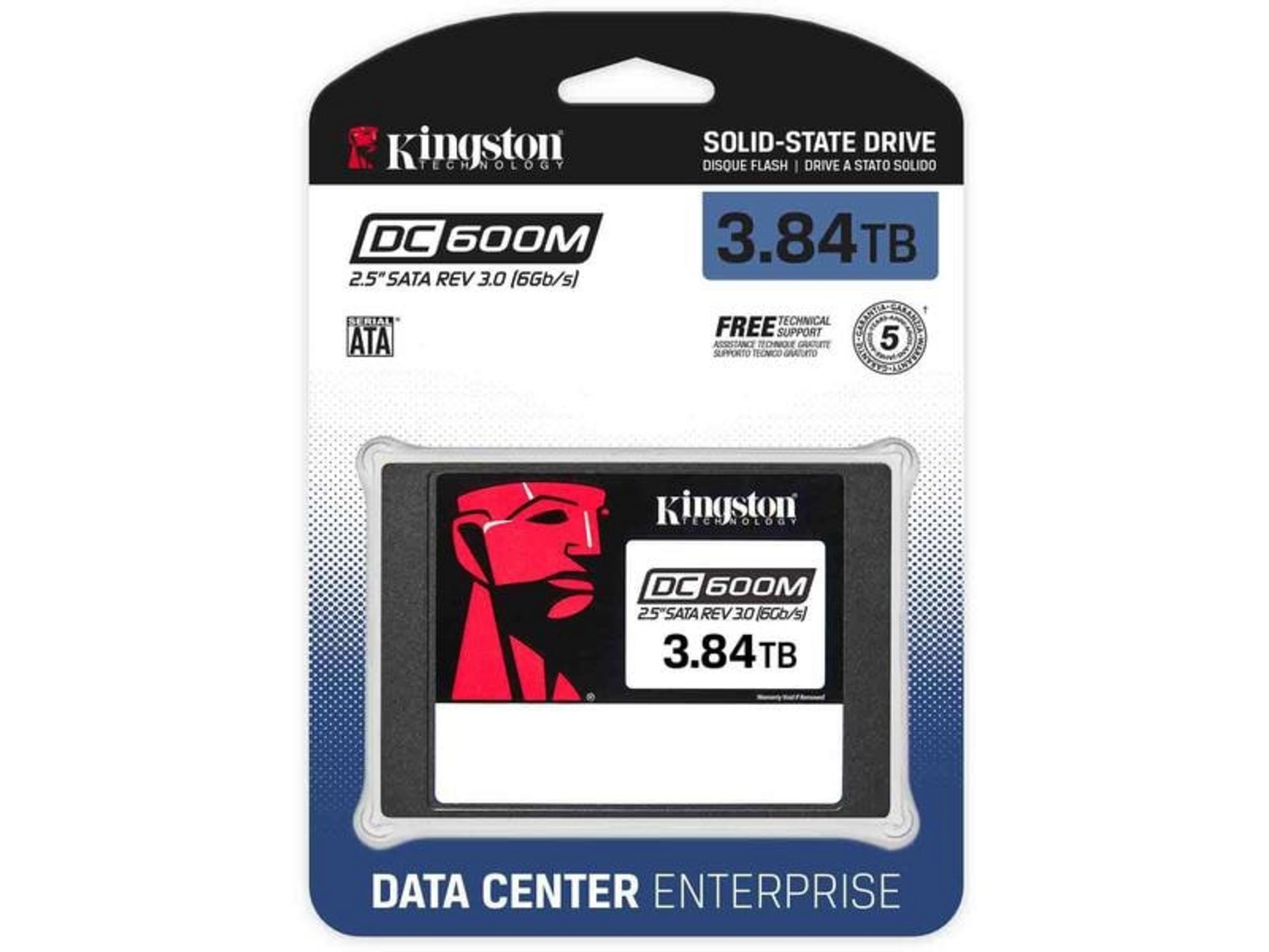Dysk SSD Kingston DC600M 3.84TB z interfejsem Serial ATA w opakowaniu detalicznym.