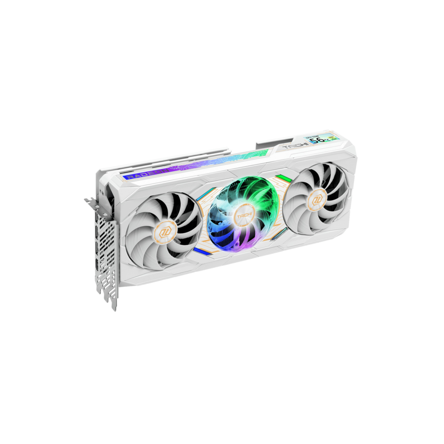 White graphics card with three fans, RGB lighting, and silver accents.