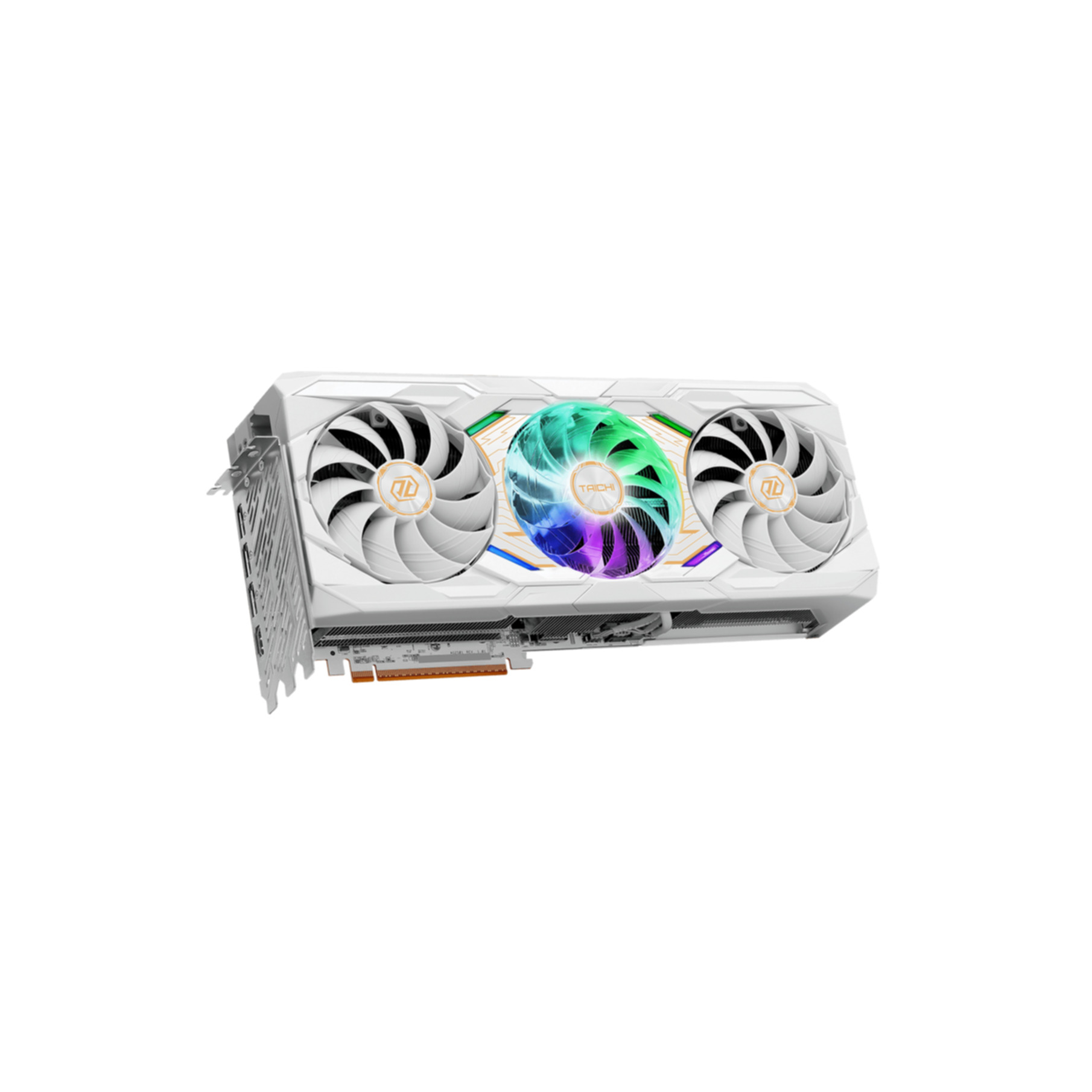 White graphics card with three fans and RGB lighting.