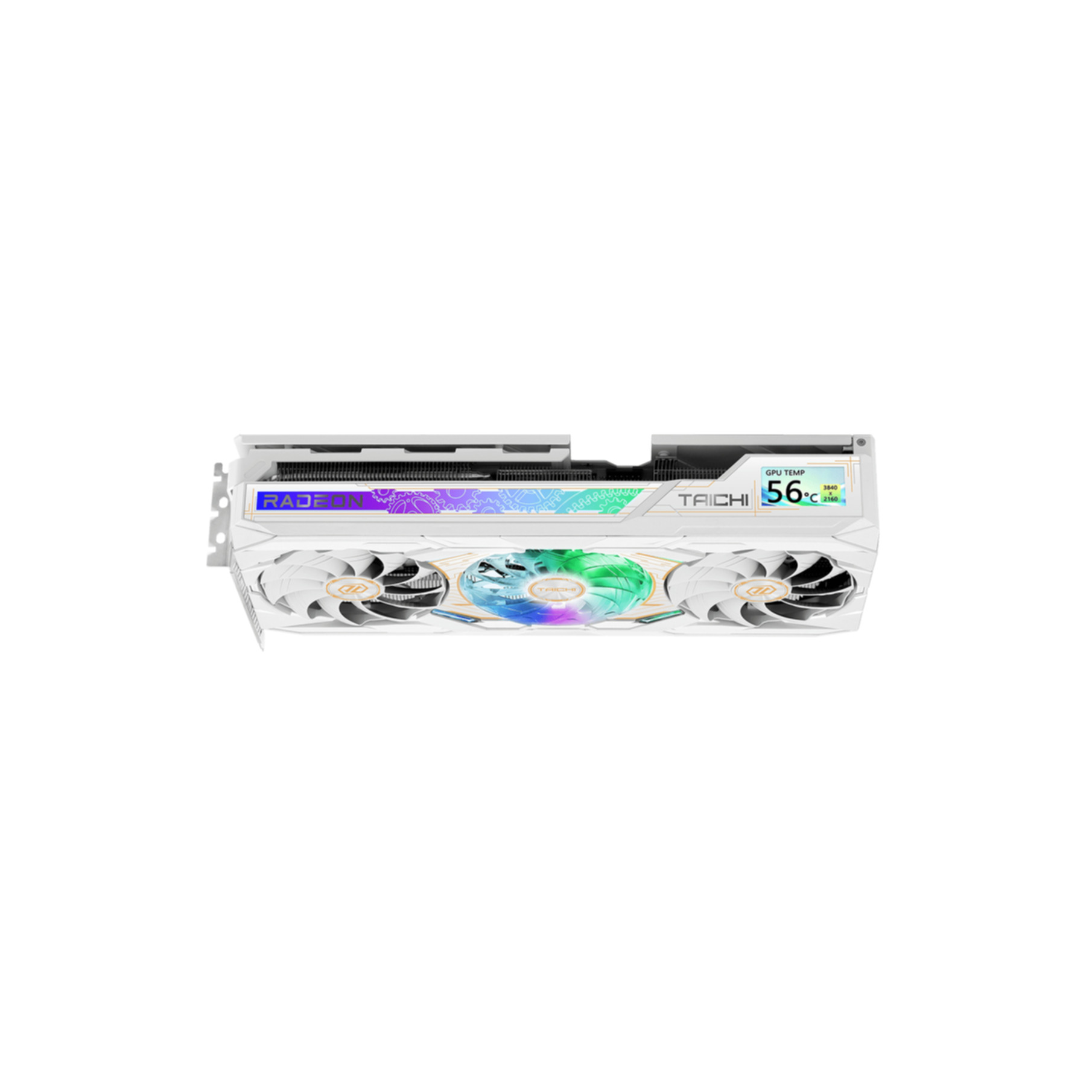 A white graphics card with three fans and RGB lighting. Shows GPU temp 56°C.