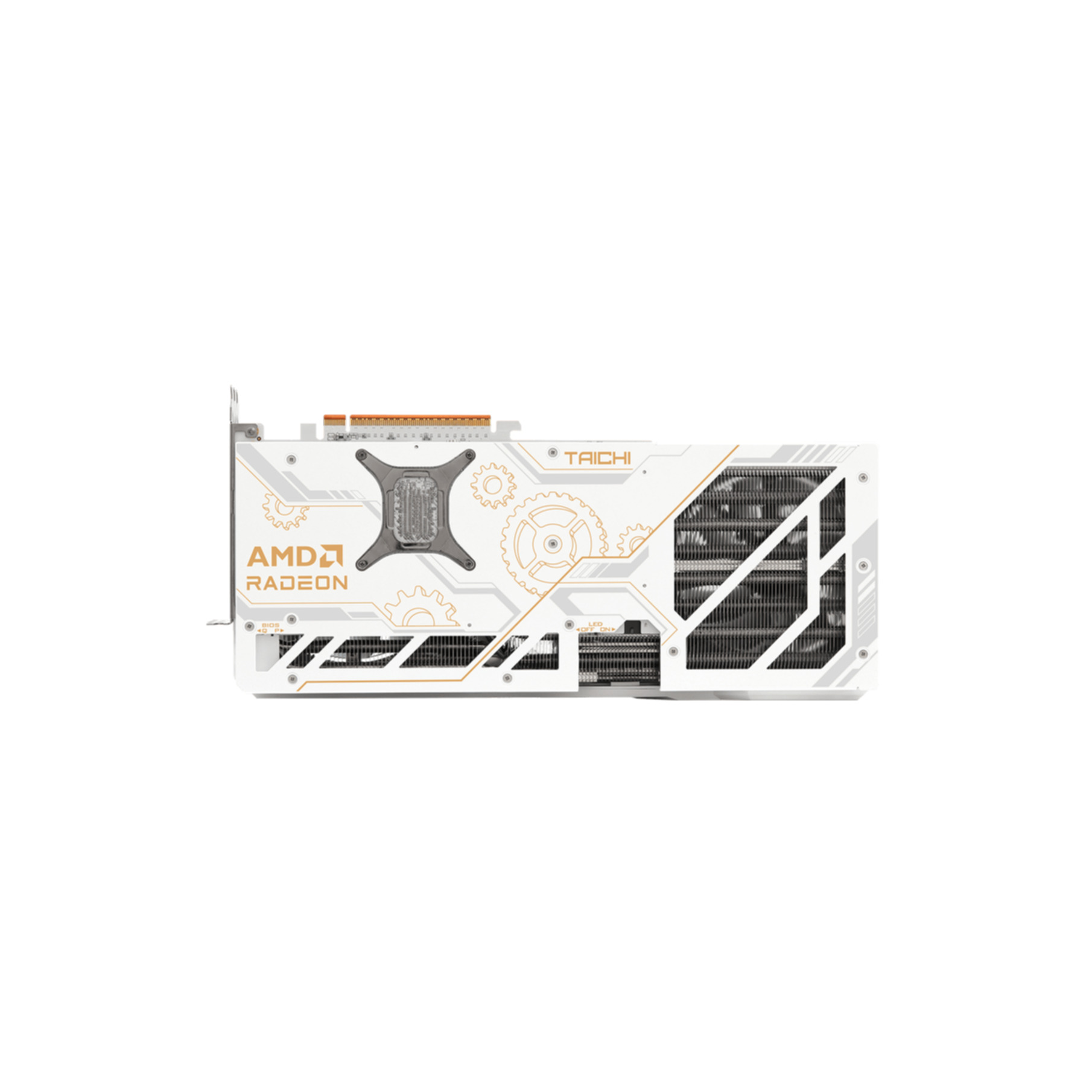 A white AMD Radeon graphics card with orange accents and fans.