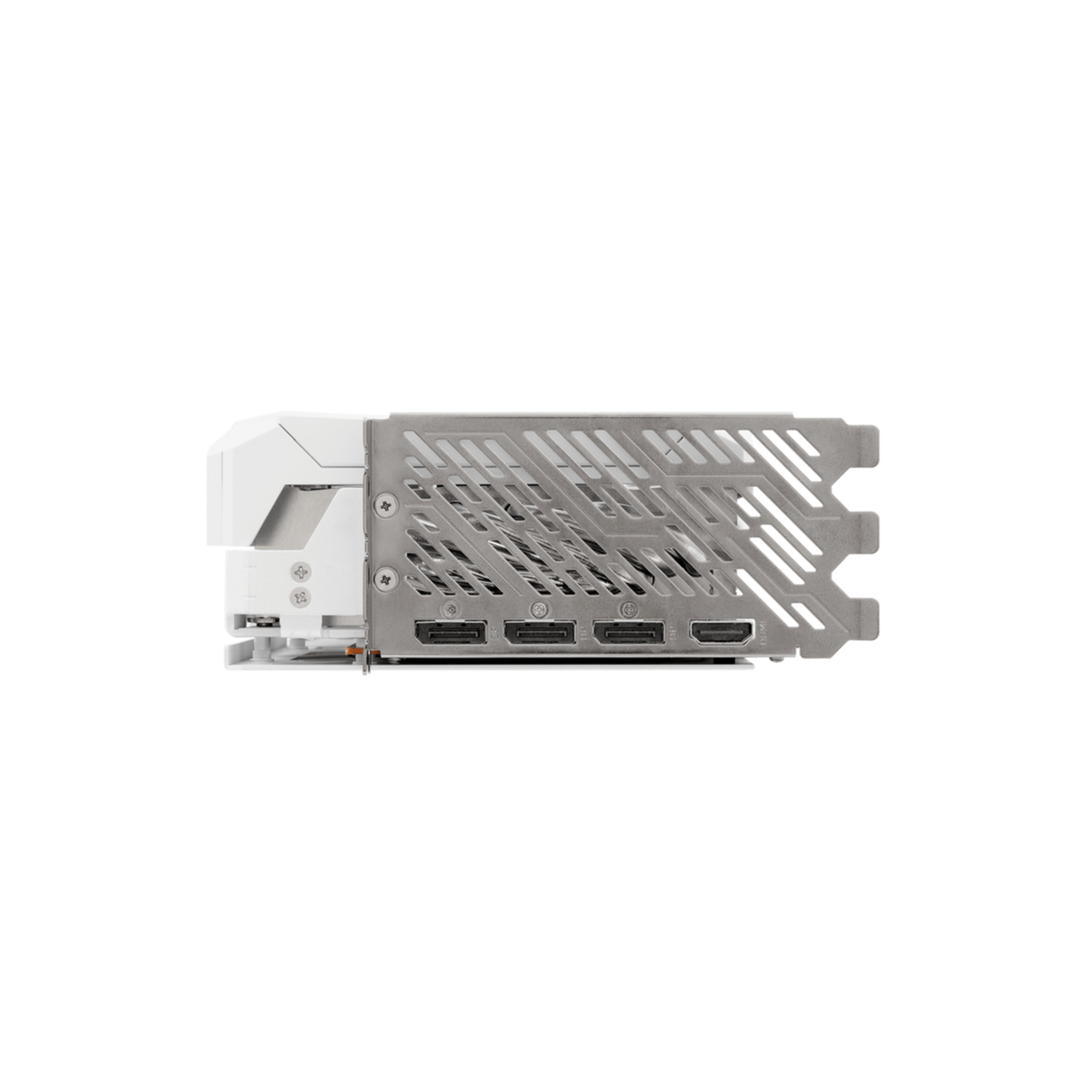 White graphics card with silver fan shroud and multiple output ports.