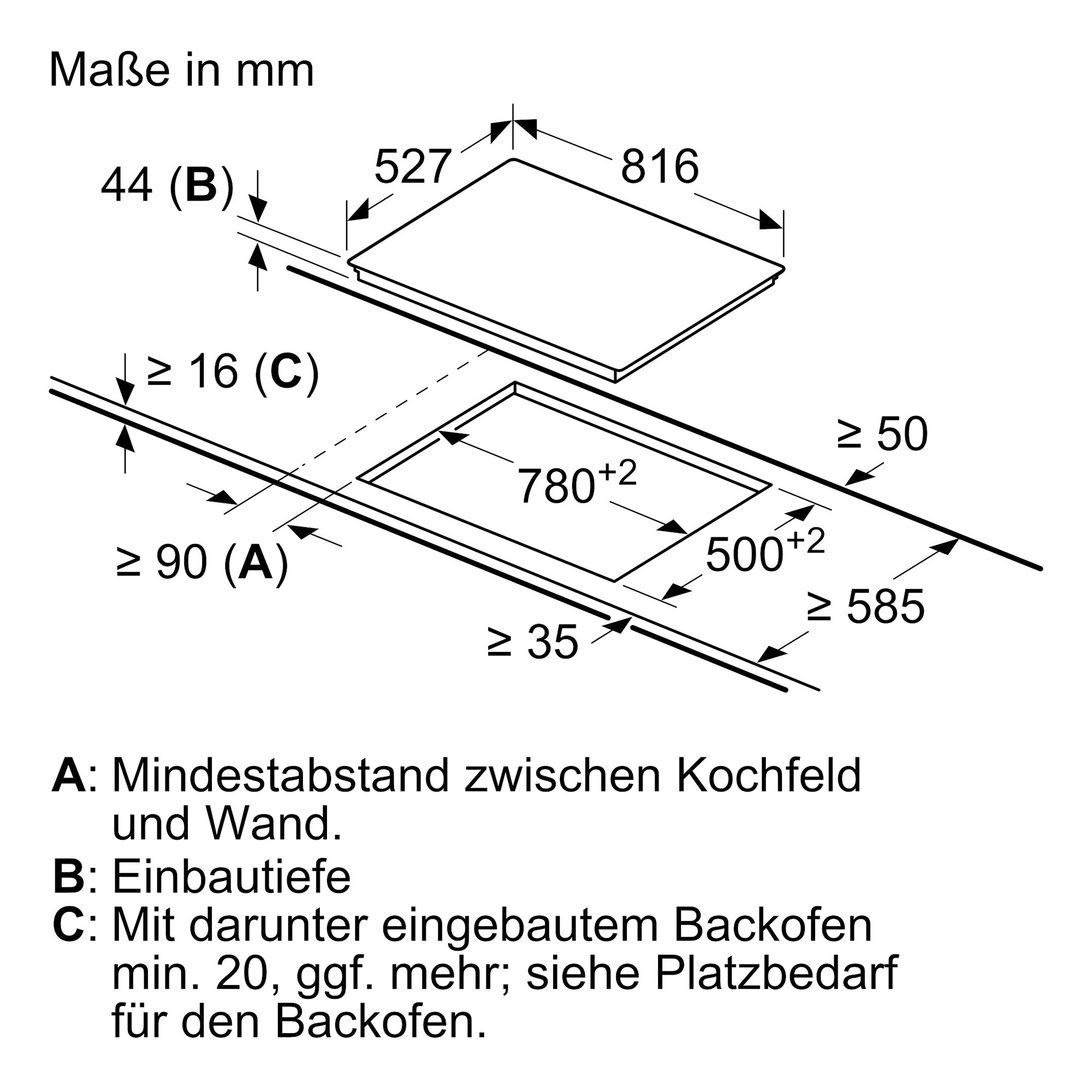 Technische Zeichnung mit Maßen in mm für Einbaugeräte.