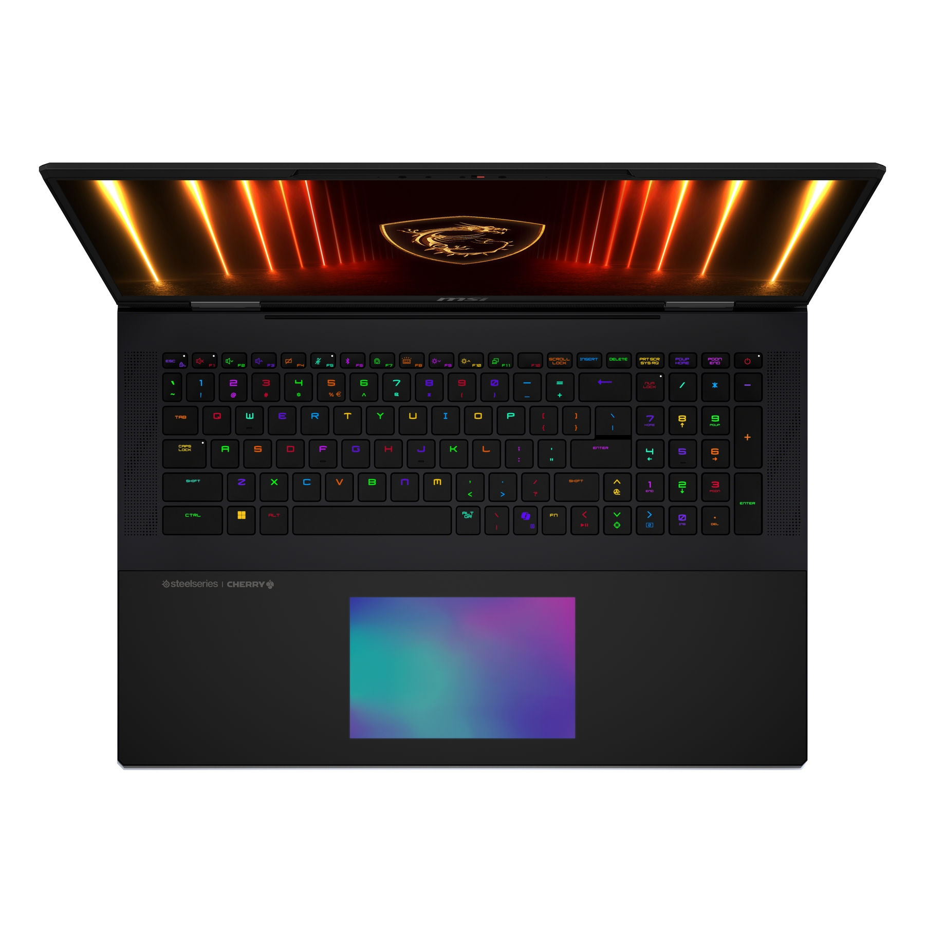 Laptop nero con tastiera illuminata e logo MSI sullo schermo.