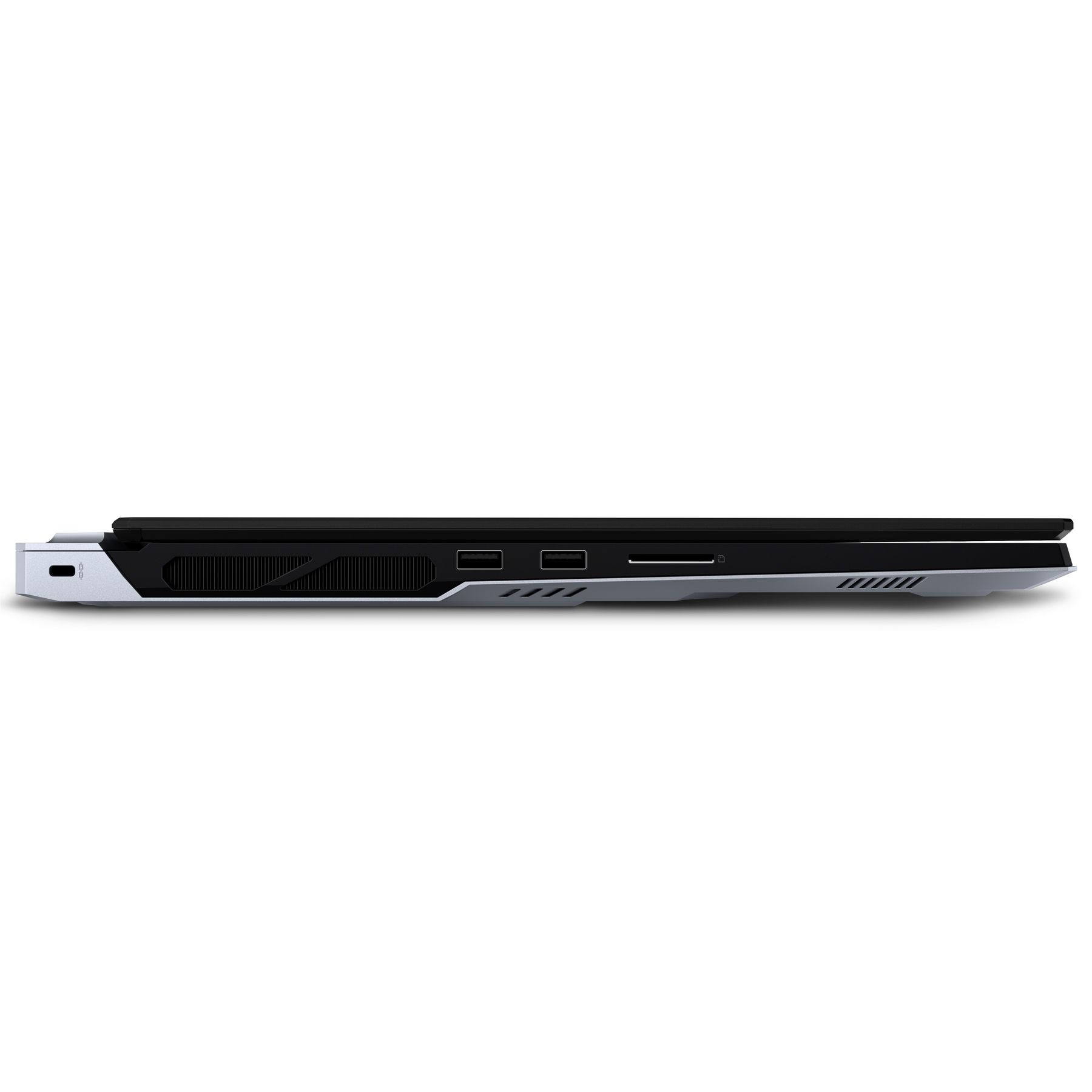 Laptop nero, vista laterale con porte USB, prese d'aria e lettore di schede.