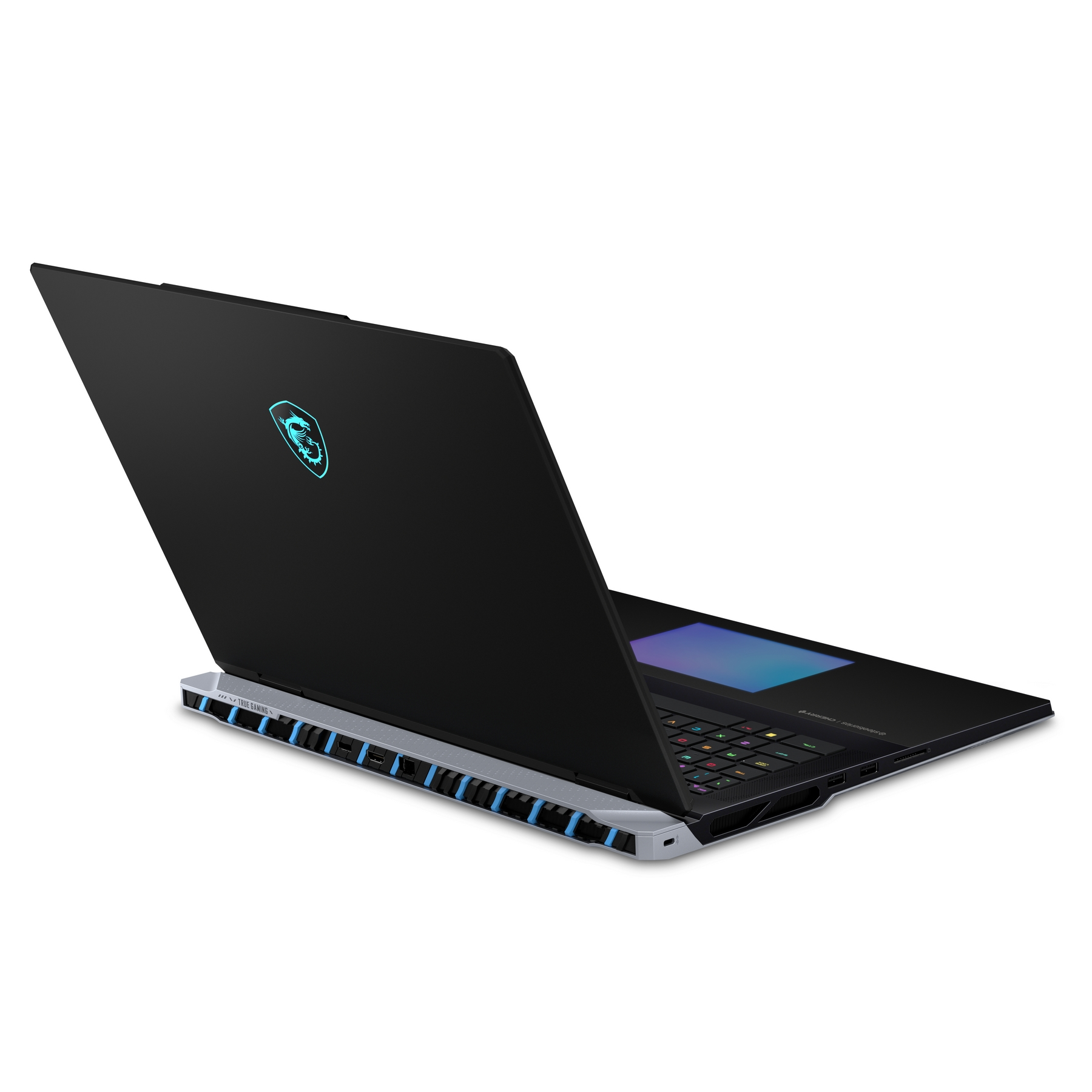Laptop nero con logo MSI illuminato, tastiera e accenti blu.