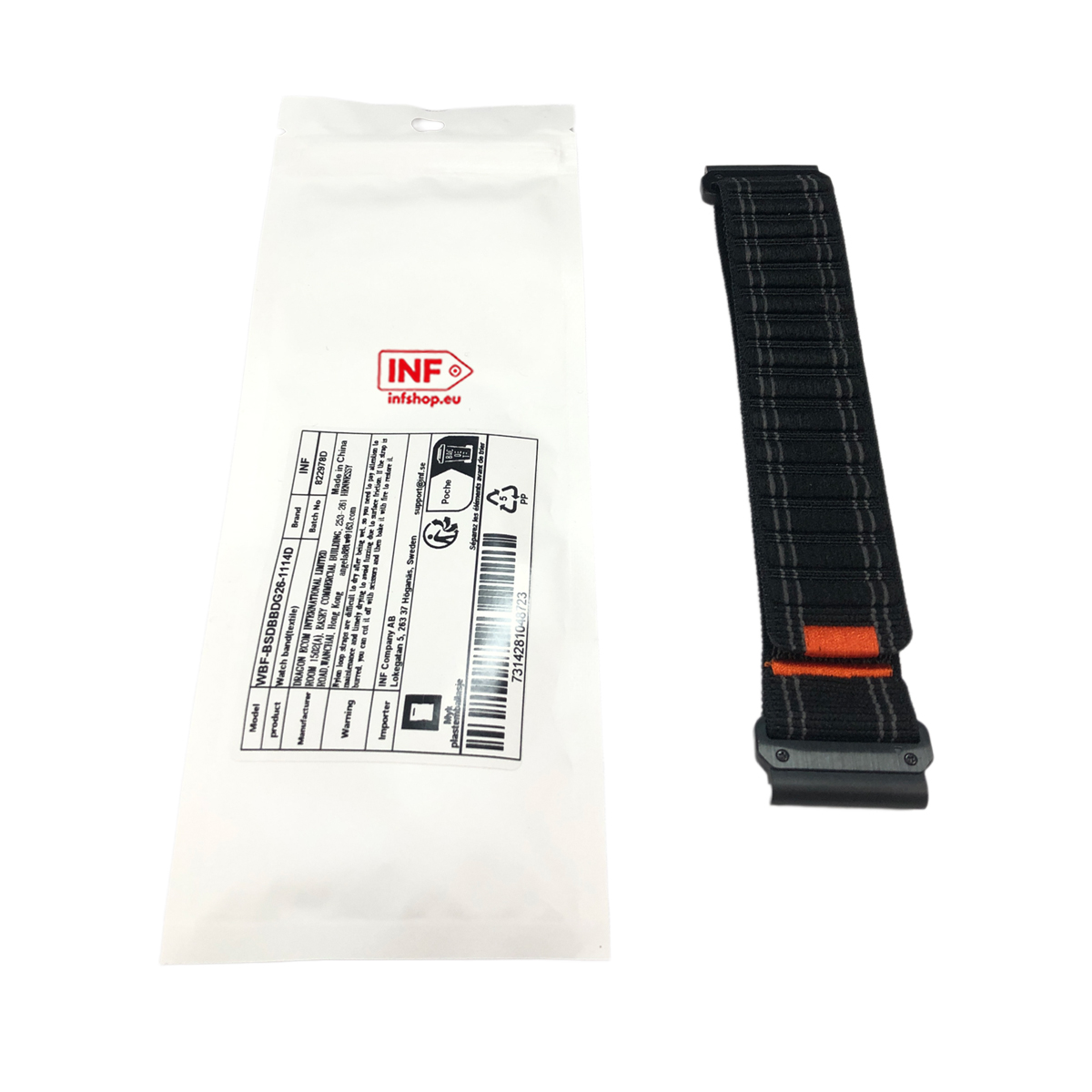 Schwarzes Textil-Uhrenarmband mit grauen Streifen und orangefarbenem Akzent.