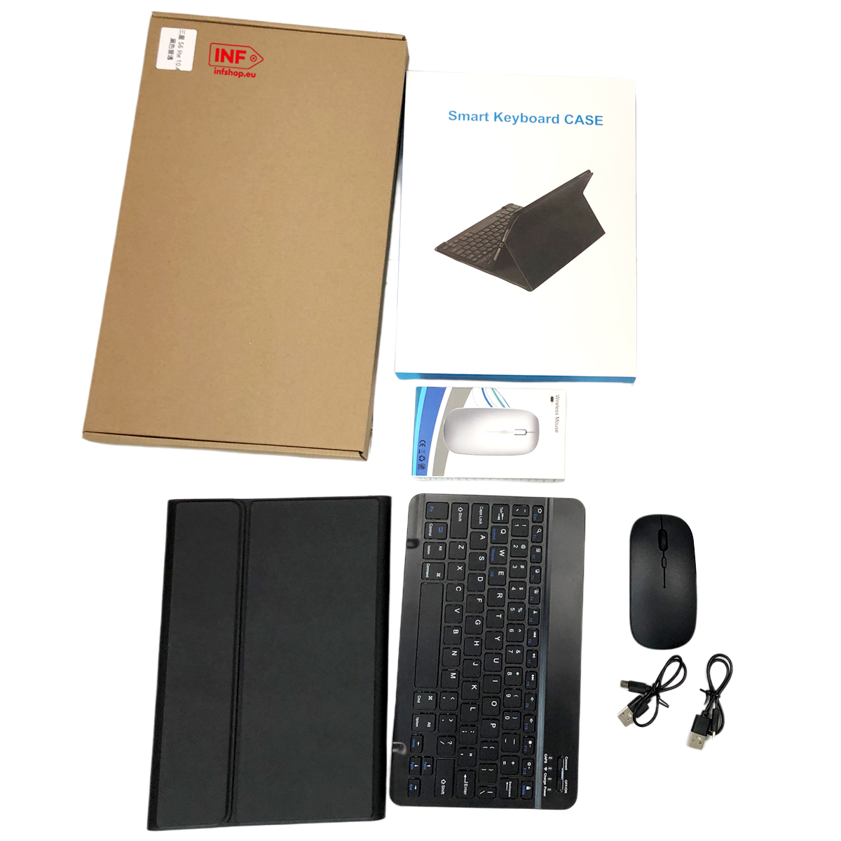 Czarne etui na tablet, klawiatura, mysz i kable ładujące na białym tle.