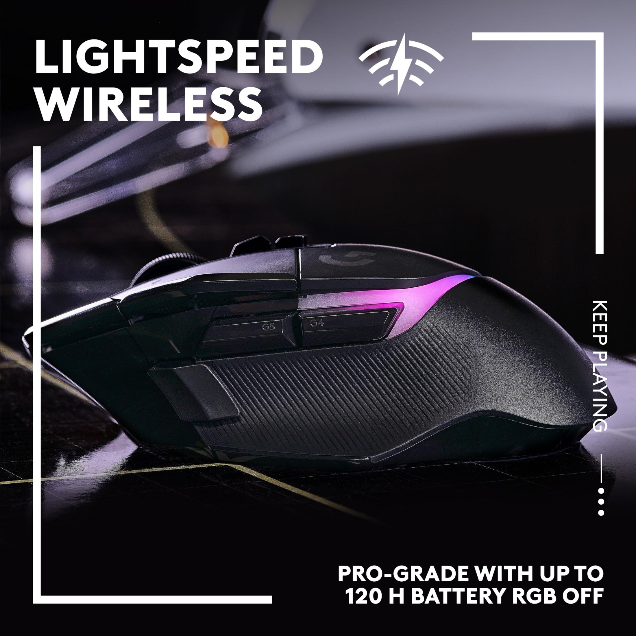 Black gaming mouse with purple lighting, "Lightspeed Wireless".