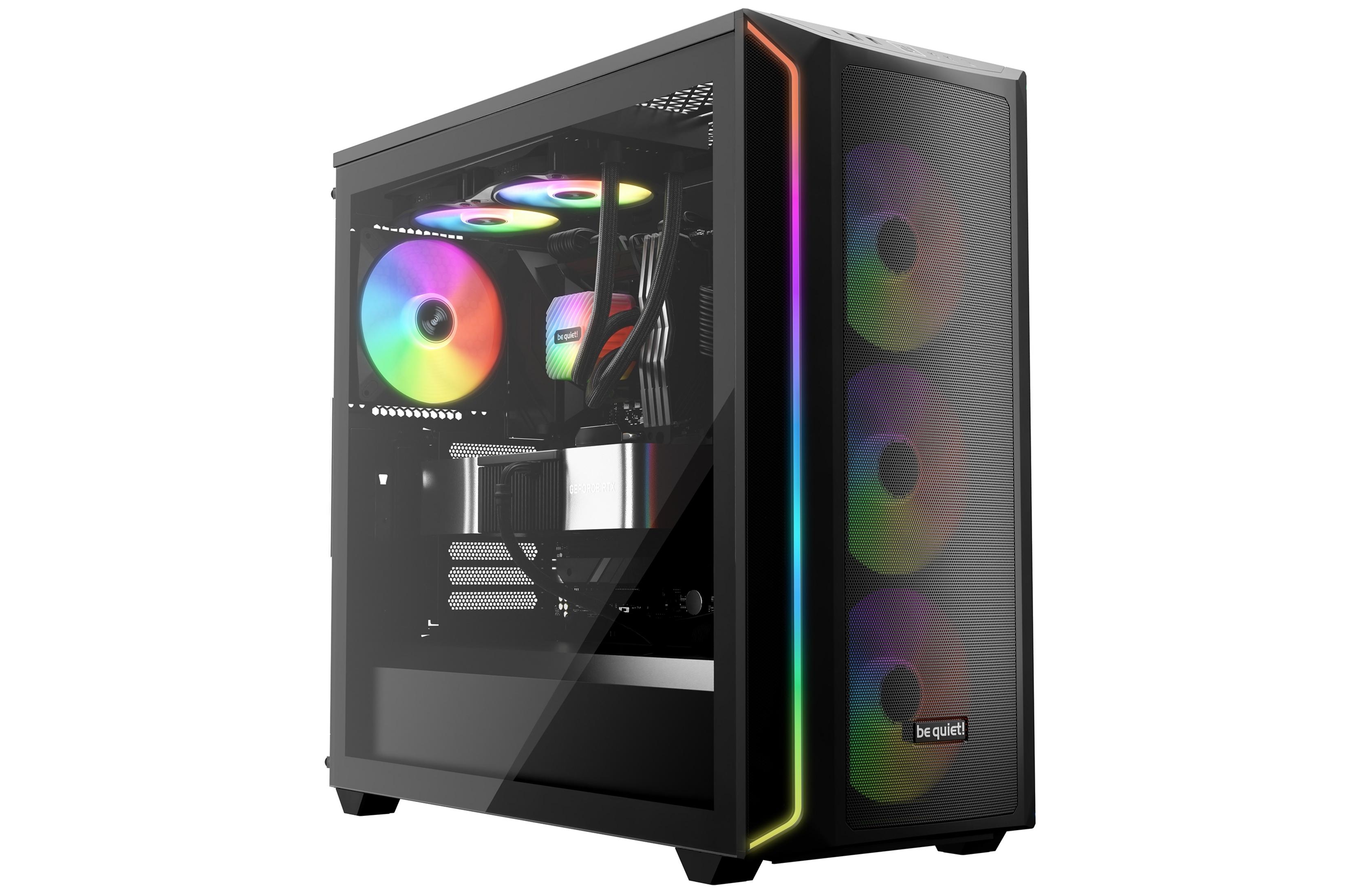 Czarna obudowa komputera z oświetleniem RGB, szklanym oknem i wentylatorami.