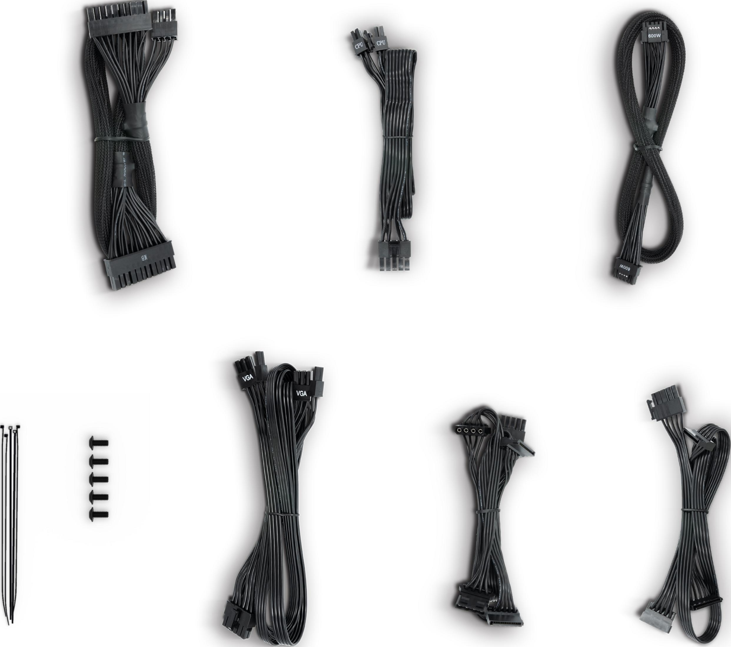 Różne czarne kable komputerowe i śruby na białym tle.